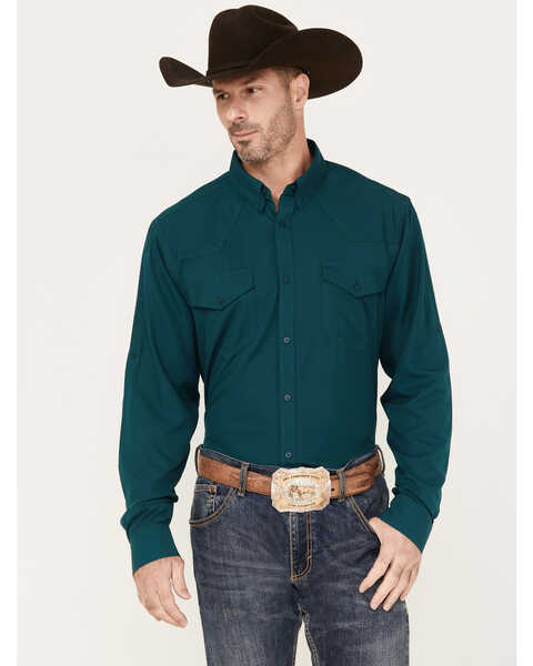 RANK 45 Men's Roughie Solid Long Sleeve Button Down Western Performance Shirt, Teal, hi-res