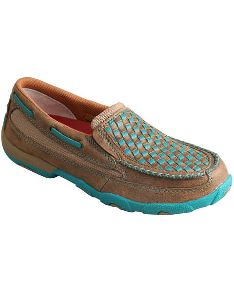 Twisted X Women's Bomber Brown & Turquoise Check Driving Mocs, Brown, hi-res