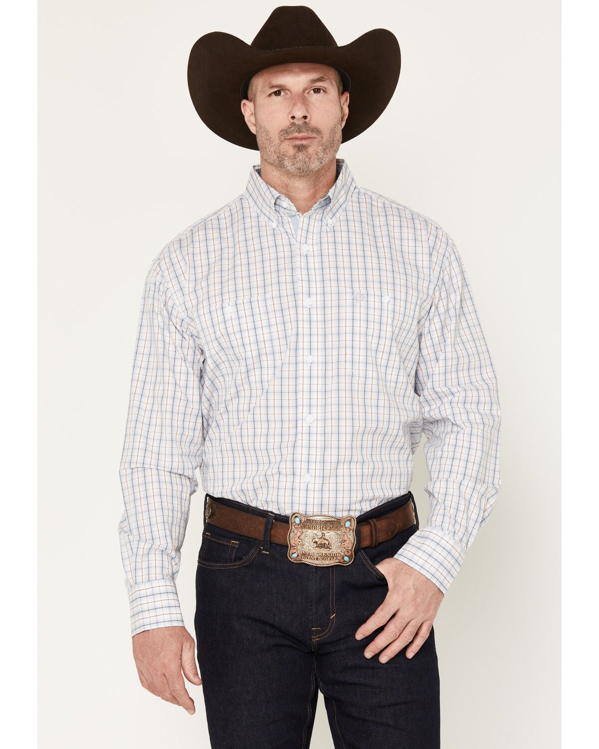 George Strait by Wrangler Men's Plaid Print Long Sleeve Button-Down Stretch Western Shirt, White, hi-res