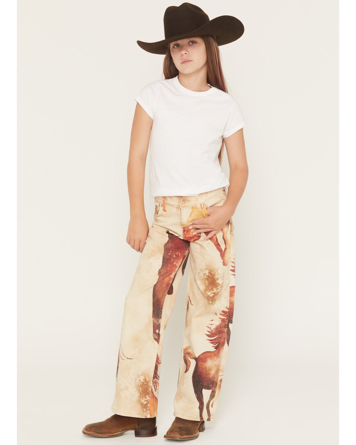 Wrangler X Lainey Wilson Girls' Horse Print Wide Leg Stretch Denim Jeans, Tan, hi-res