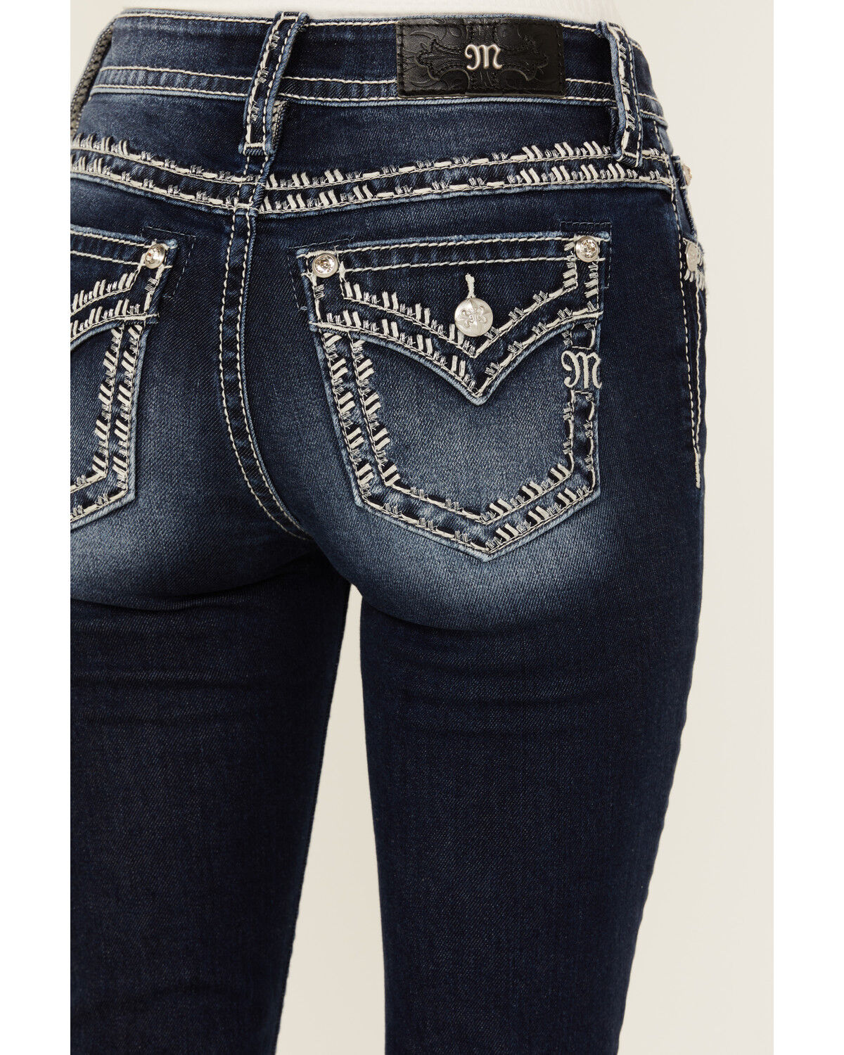 Miss Me Women's Dark Wash Mid Rise Barbed Wire Stitch Pocket
