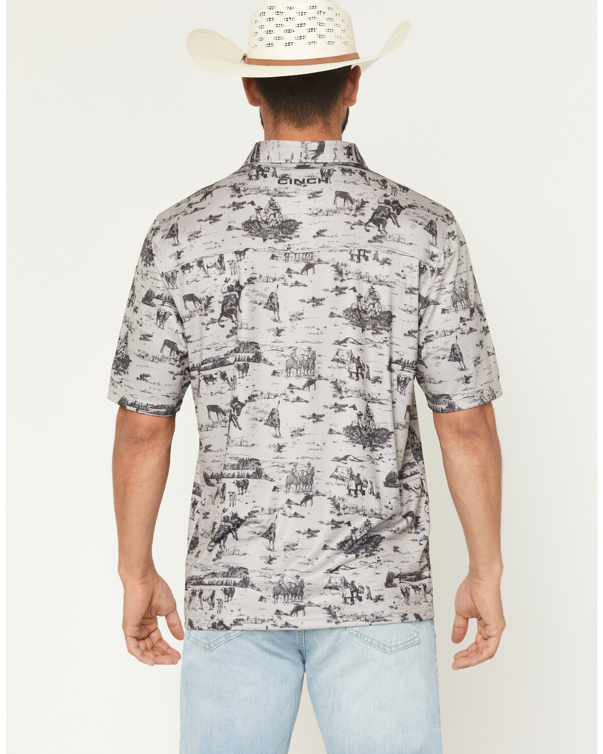 Image #4 - CInch Men's Cowboy Print Short Sleeve Button-Down Stretch Polo Shirt, Grey, hi-res