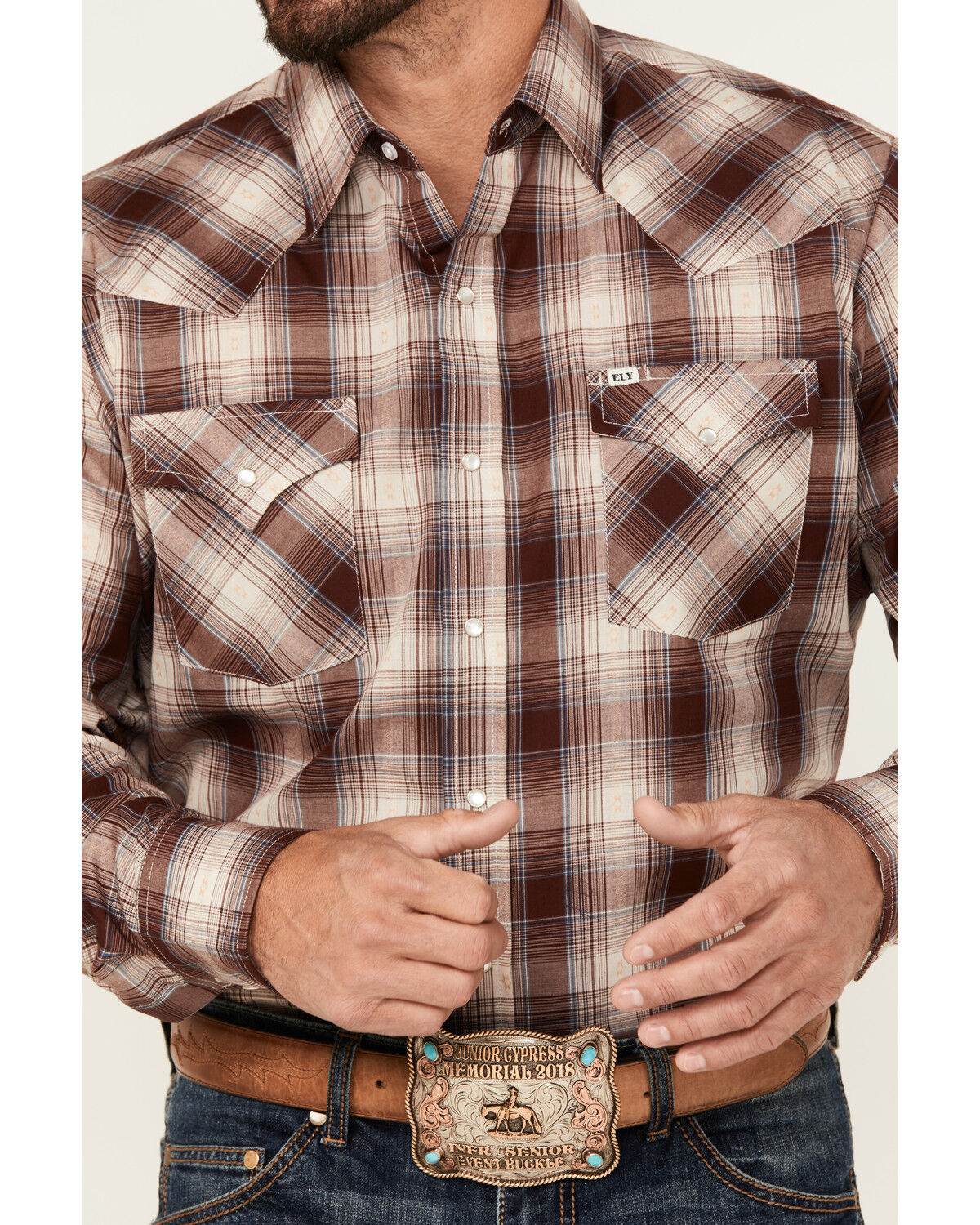 Image #3 - Ely Walker Men's Plaid Print Long Sleeve Pearl Snap Western Shirt, Burgundy, hi-res