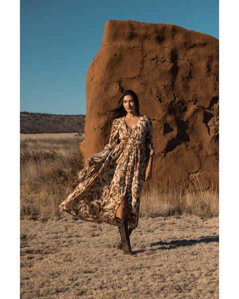 long country dresses Womens Sexy V-Neck Sleeve Flower Long Dress Vintage Western Maxi Chiffon Dress Fall Casual Flowy Dress,Caramel,S at Amazon Women's Clothing store modest design Lcziwo Boho Western Dresses for