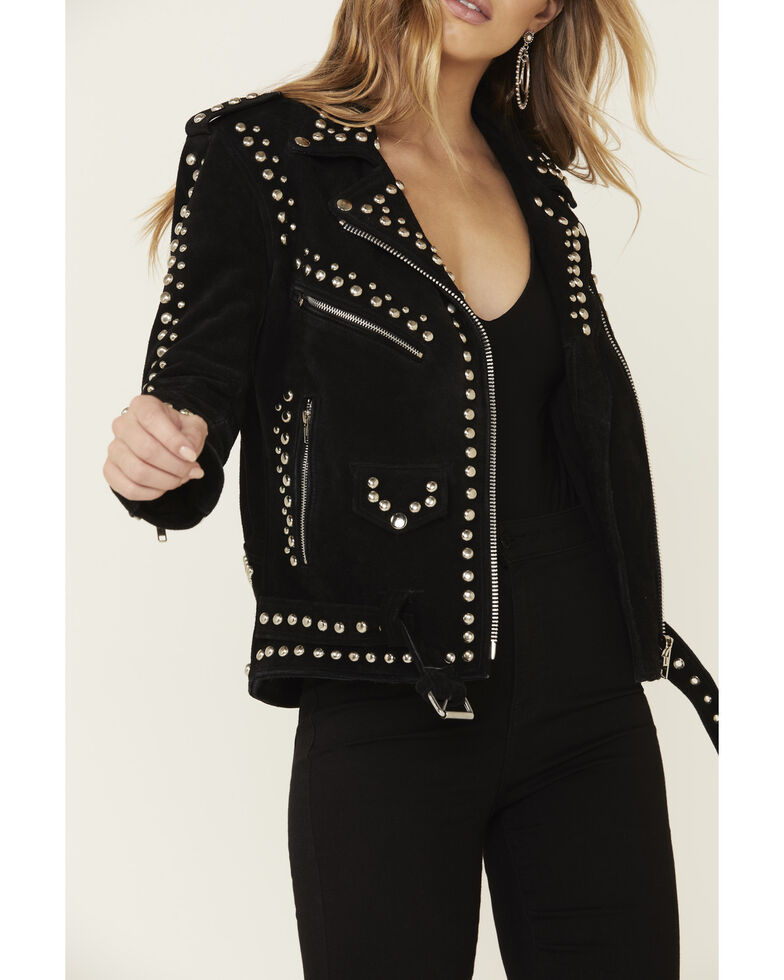 Understated Leather Women's Black Dome Studded Moto Suede Jacket , Black, hi-res