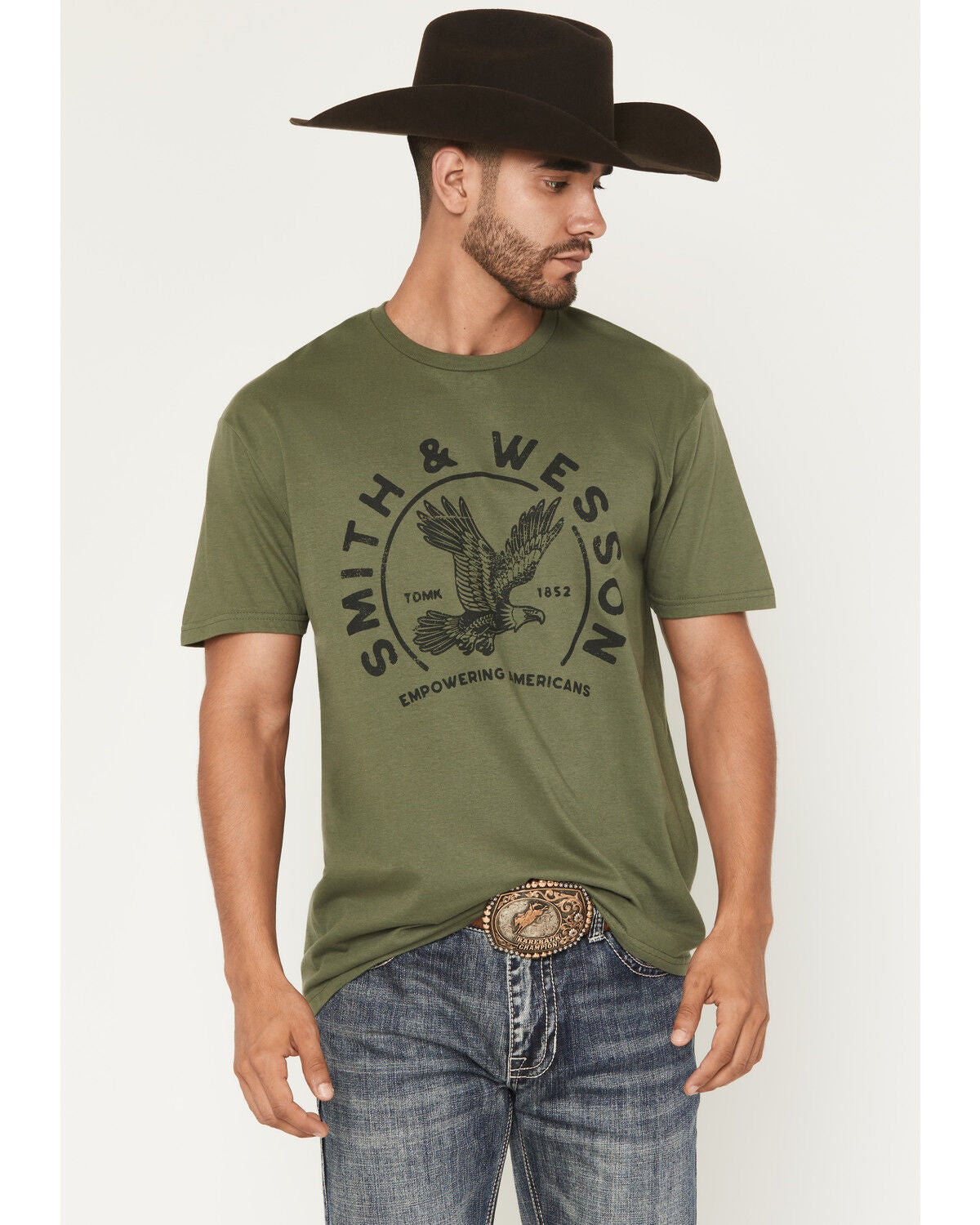 Smith & Wesson Men's Empowering Americans  Badge Short Sleeve Graphic T-Shirt, Olive, hi-res