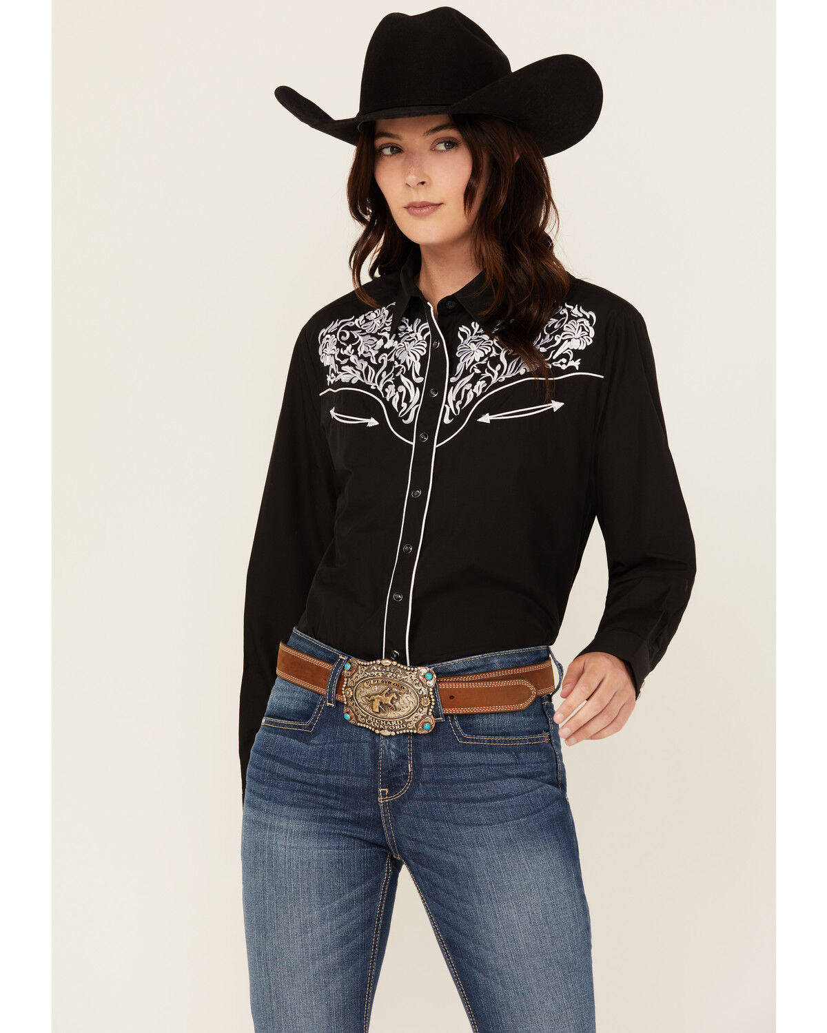 Image #1 - Rodeo Clothing Women's Embroidered Long Sleeve Snap Western Shirt, Black, hi-res