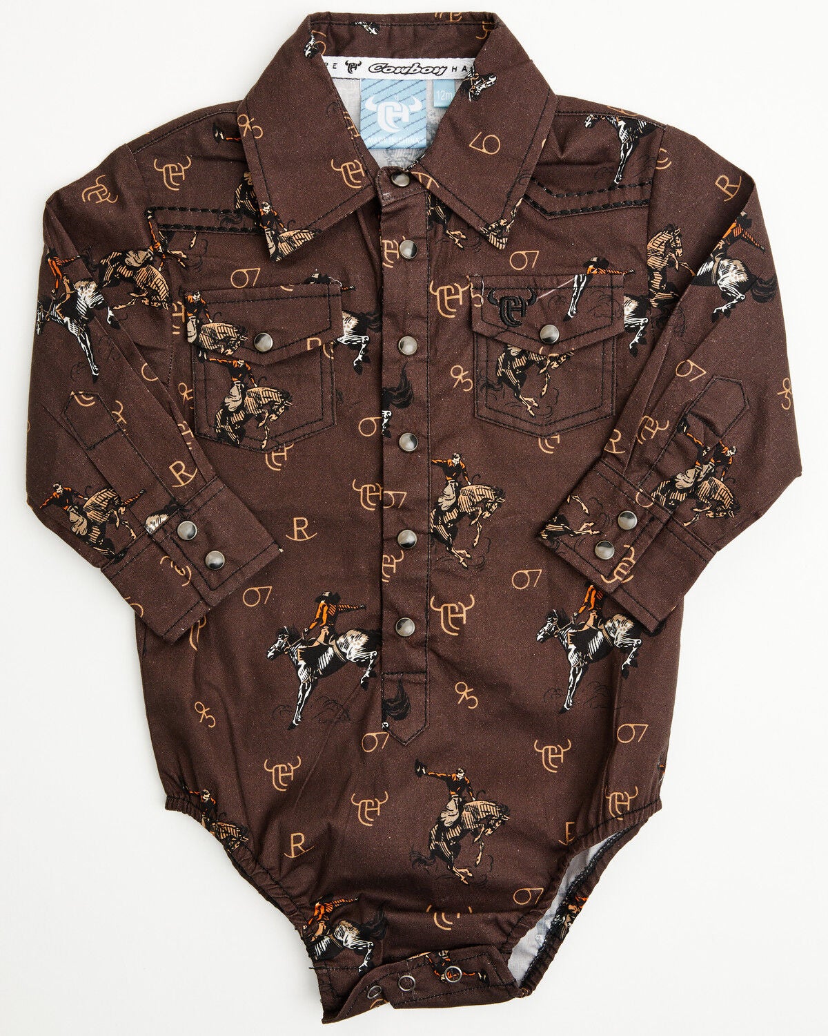 Cowboy Hardware Infant Boys' Bronc Print Long Sleeve Snap Onesie, Dark Brown, hi-res