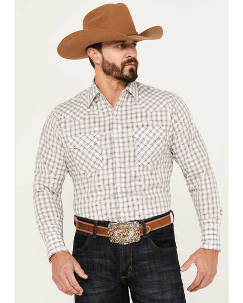 Ely Walker Men's Plaid Print Long Sleeve Pearl Snap Western Shirt, White, hi-res
