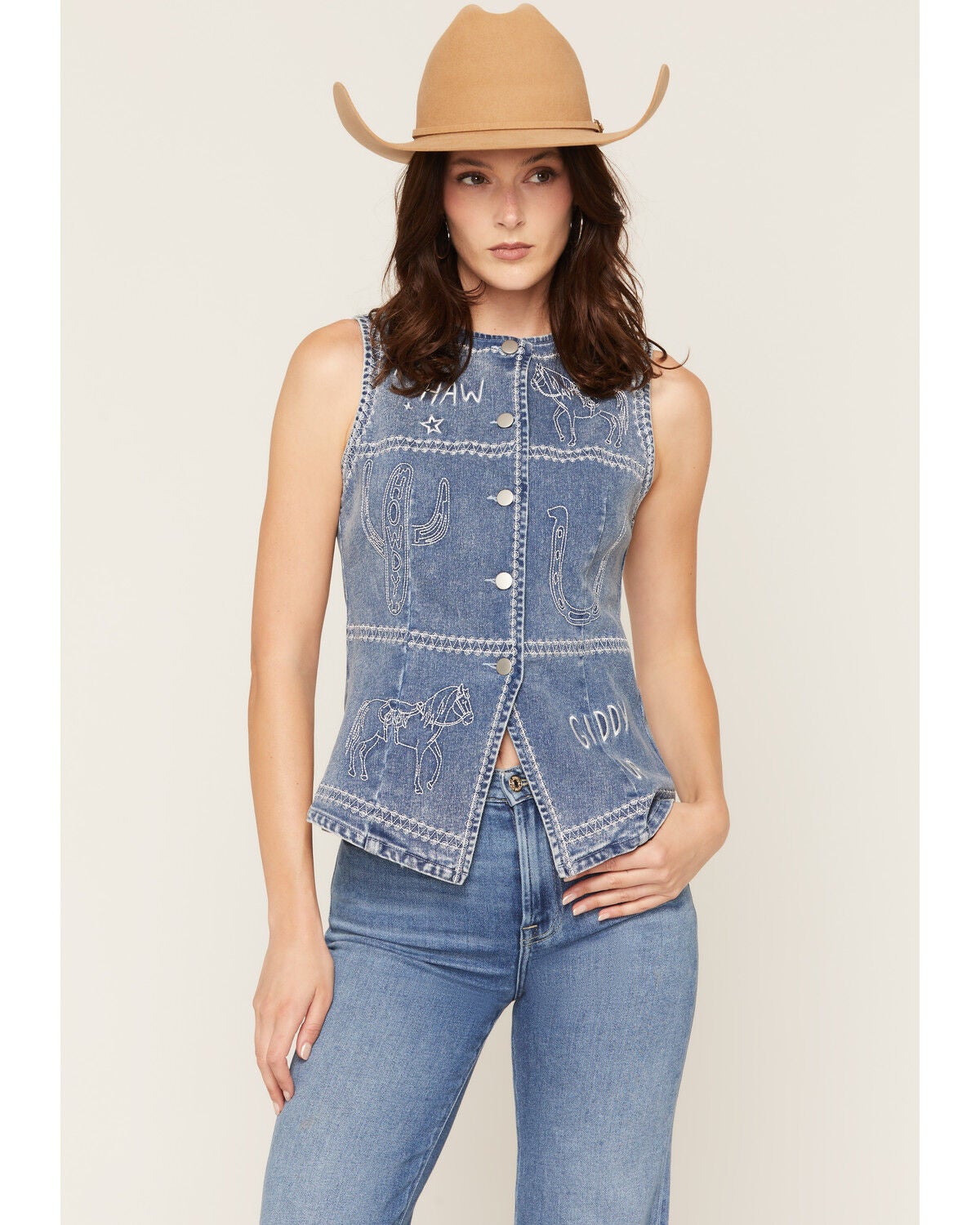 Blue B Women's Boot Barn Exclusive Embroidered Western Motif Denim Top, Medium Wash, hi-res