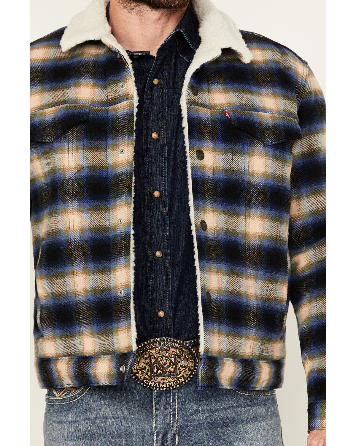 Image #3 - Levi's Men's Plaid Print Sherpa Lined Trucker Jacket, Blue, hi-res