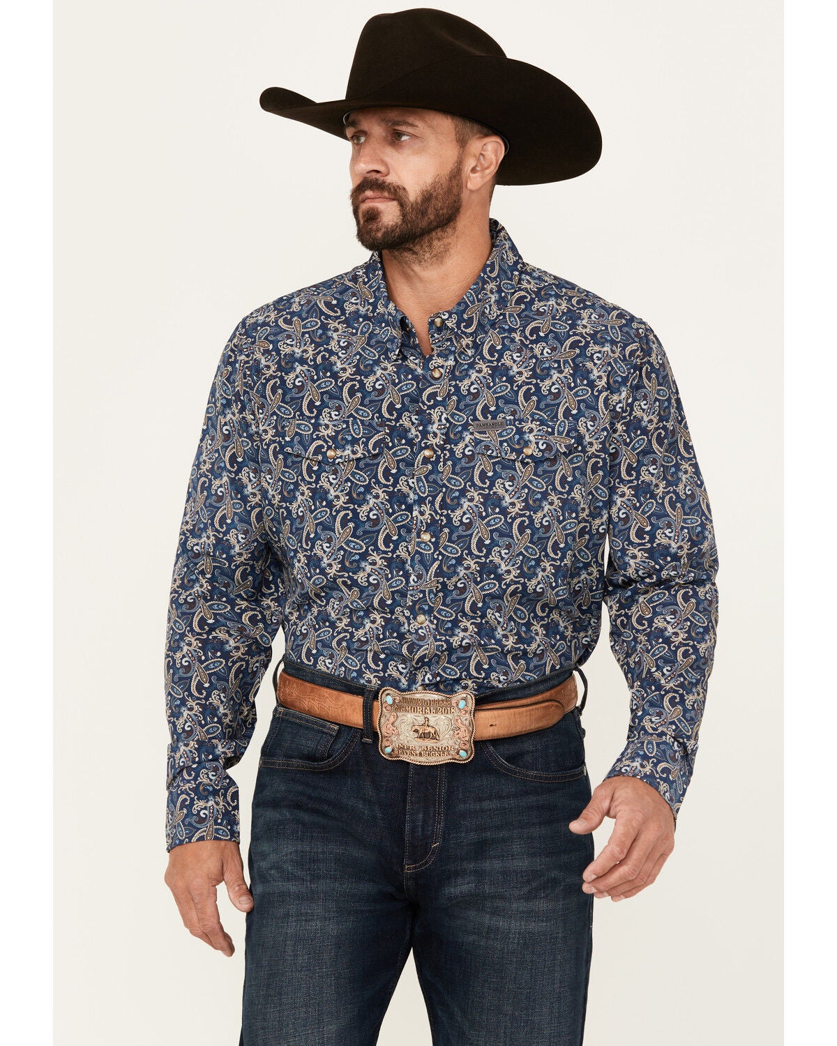 Panhandle Men's Paisley Print Long Sleeve Snap Performance Stretch Western Shirt, Navy, hi-res