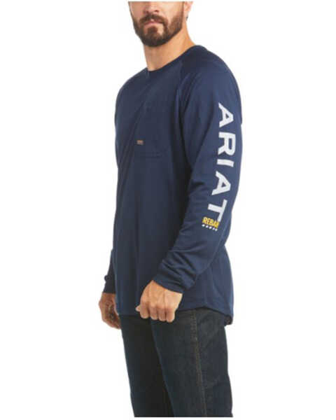 Image #1 - Ariat Men's Navy Rebar Heat Fighter Long Sleeve Work Pocket T-Shirt , Navy, hi-res