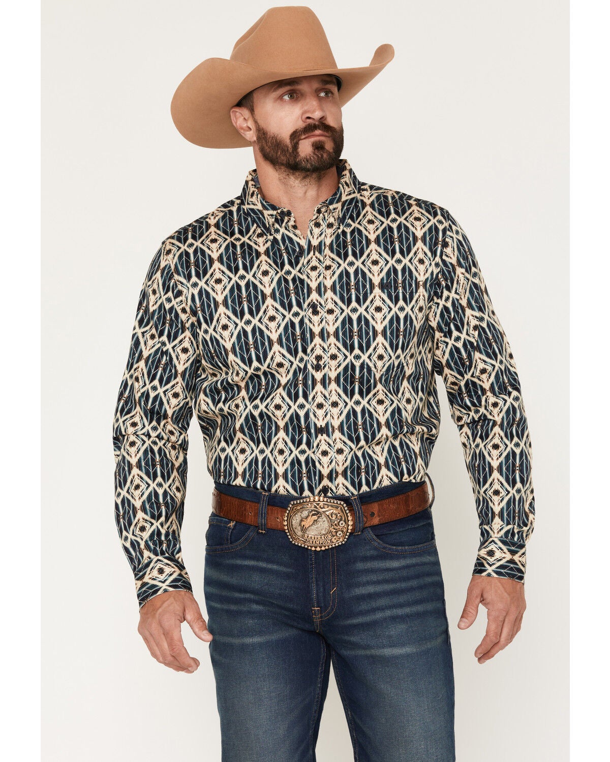 Image #1 - RANK 45&reg; Men's Mohave Southwestern Print Long Sleeve Button-Down Stretch Western Shirt, Navy, hi-res