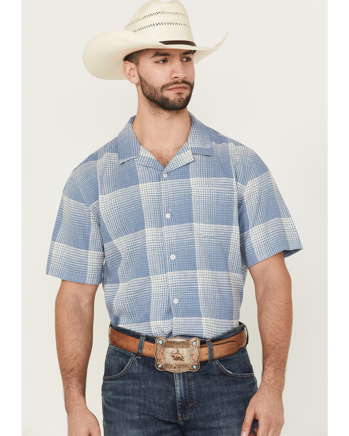 Image #1 - Pendleton Men's Camp Linen Plaid Print Short Sleeve Button-Down Western Shirt, Blue, hi-res