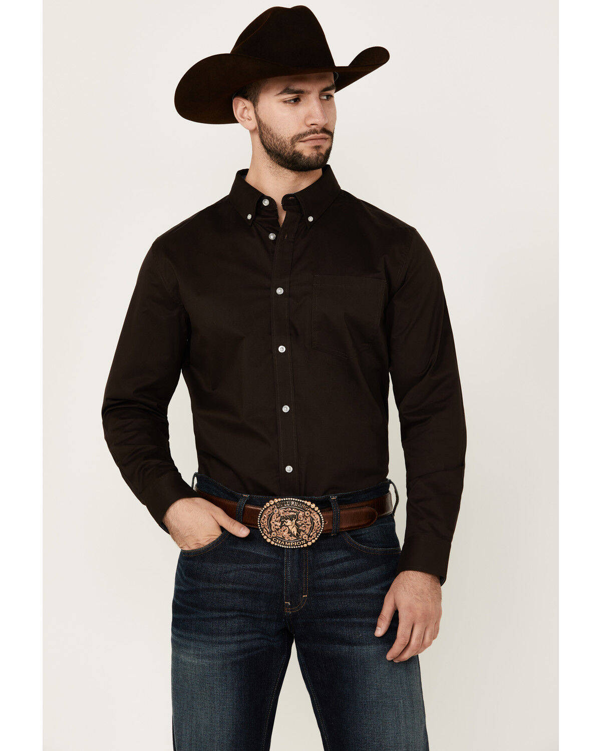 Image #1 - Cody James Men's Basic Solid Long Sleeve Button-Down Stretch Western Shirt - Big, Brown, hi-res