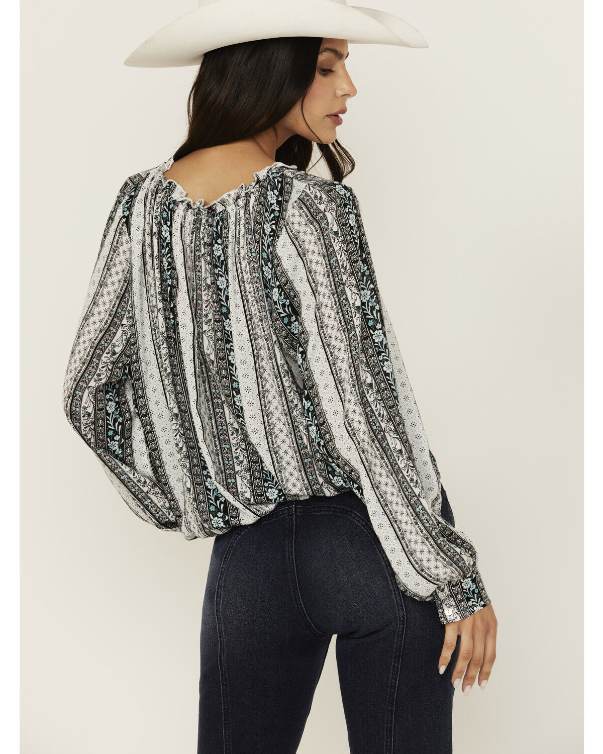 Image #4 - Wild Moss Women's Floral Striped Print Long Sleeve Peasant Shirt, Teal, hi-res