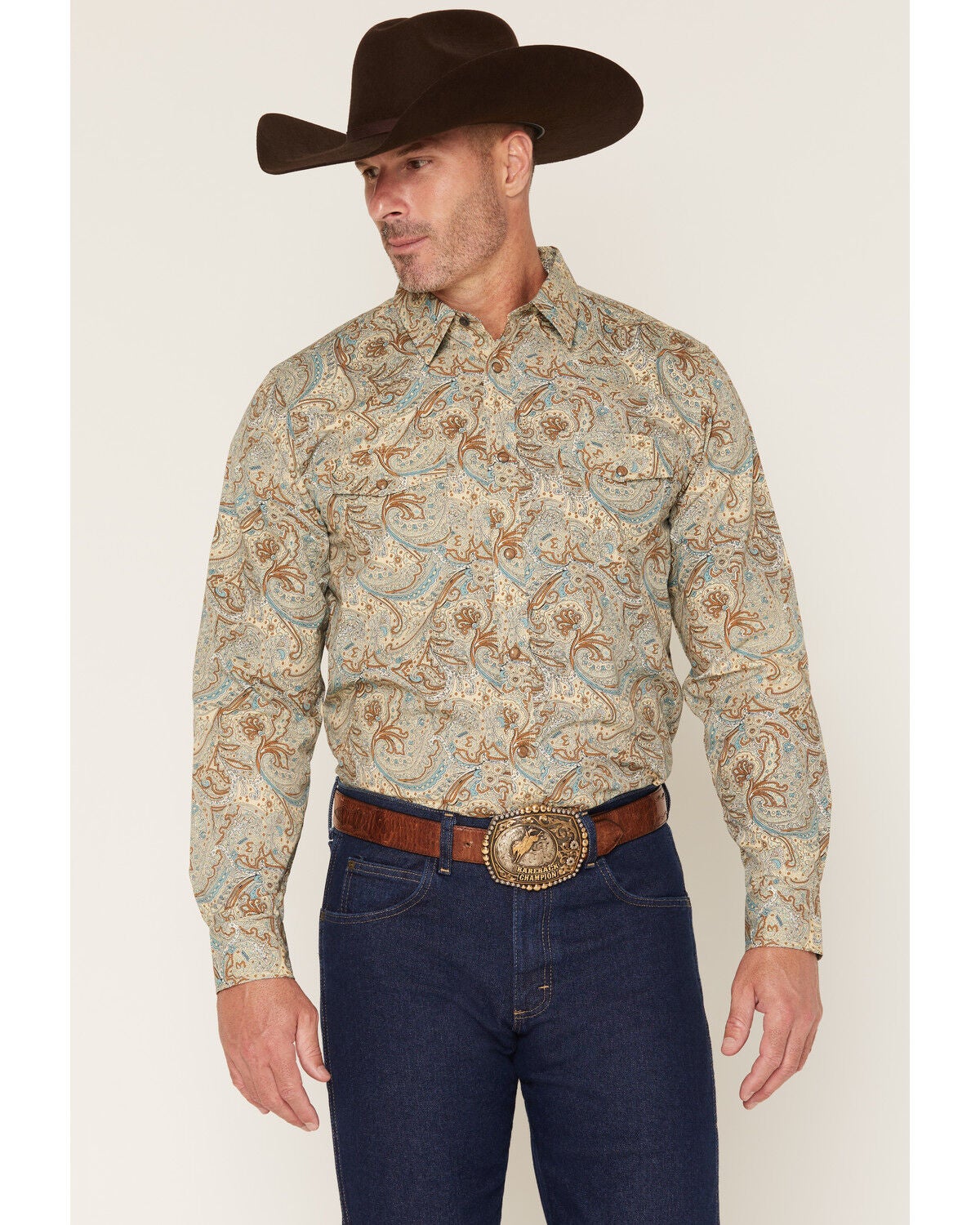 Image #1 - Gibson Trading Co Men's Feelin' Good Paisley Print Long Sleeve Snap Western Shirt, Aqua, hi-res
