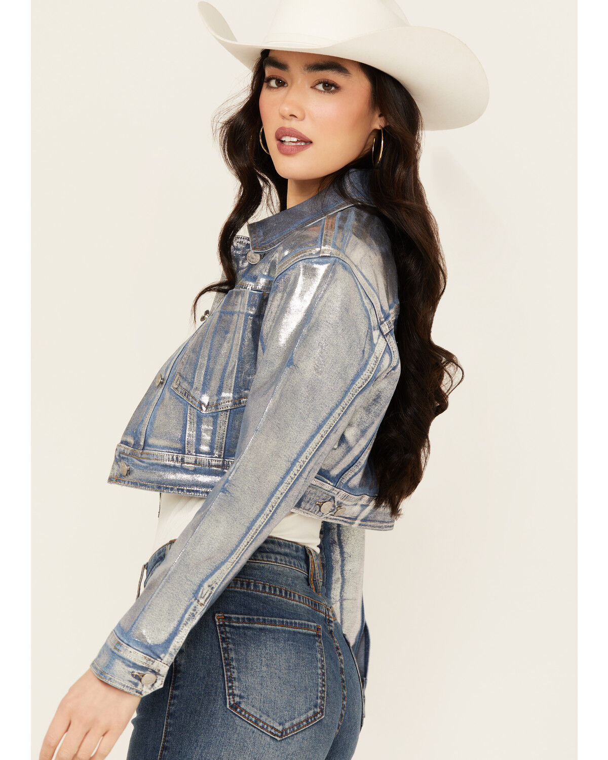 Image #2 - Vibrant Denim Women's Metallic Cropped Denim Jacket, Medium Wash, hi-res