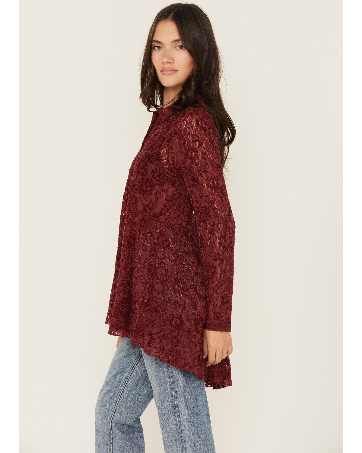 Image #2 - Beyond The Radar Women's Velvet Lace Long Sleeve Tunic, Burgundy, hi-res