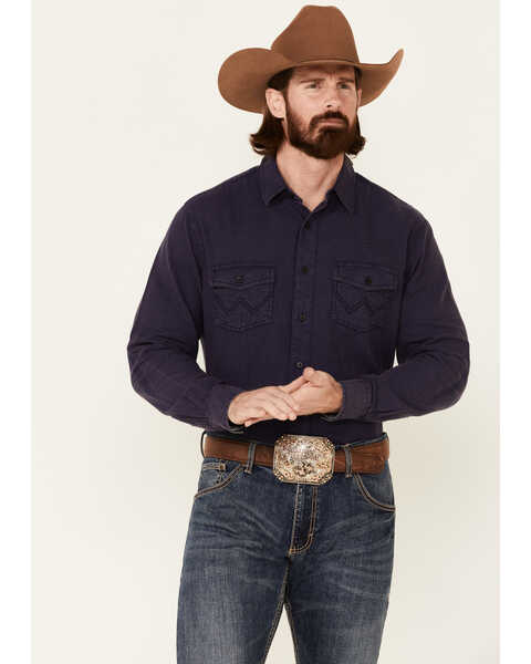 Image #1 - Wrangler Retro Premium Men's Solid Long Sleeve Button-Down Western Shirt , Blue, hi-res