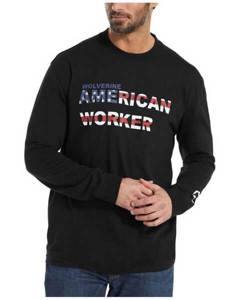 Image #1 - Wolverine Men's Americana Worker Logo Long Sleeve Work T-Shirt , Black, hi-res
