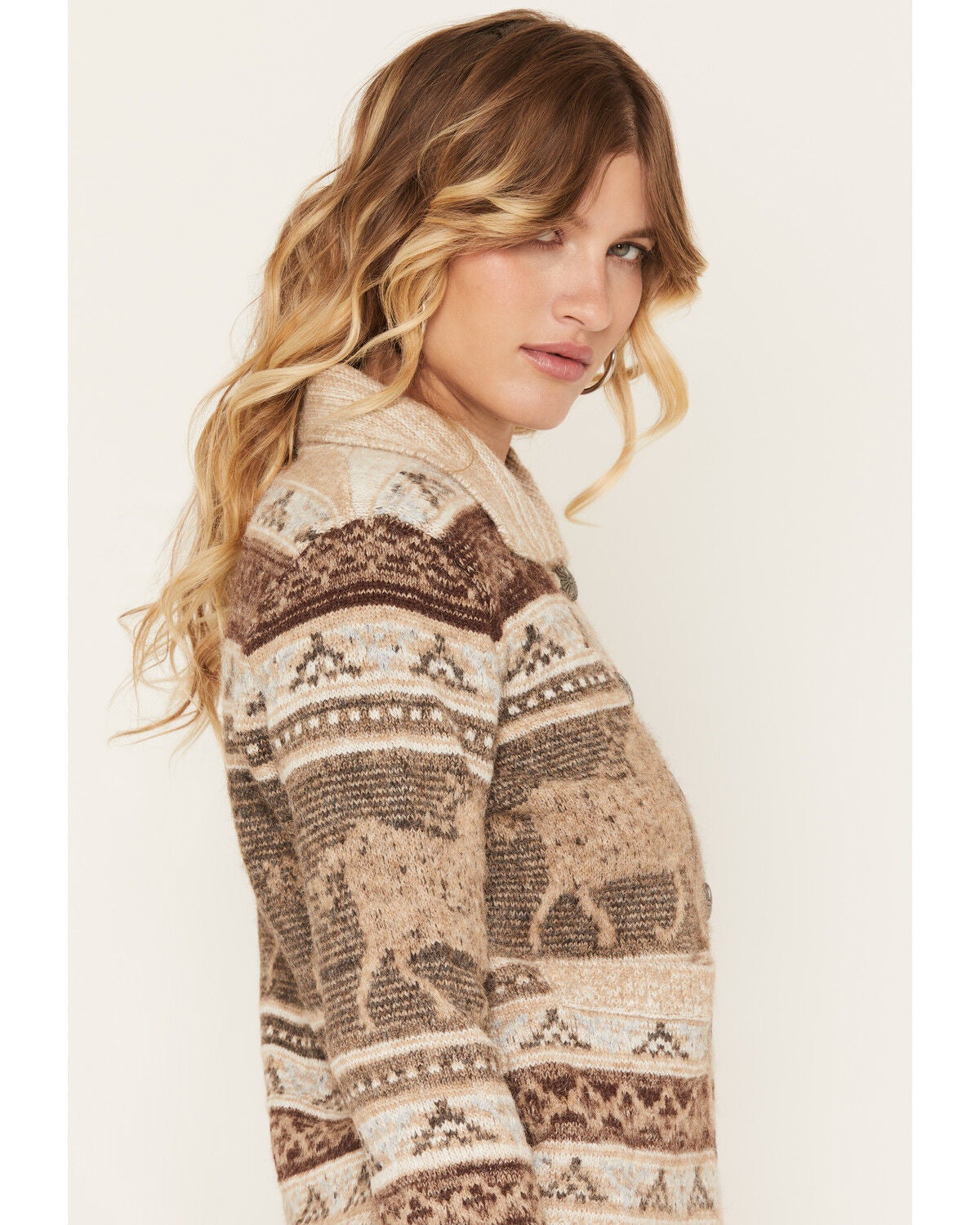 Image #2 - Cotton & Rye Women's Heathered Horse Cardigan, Tan, hi-res