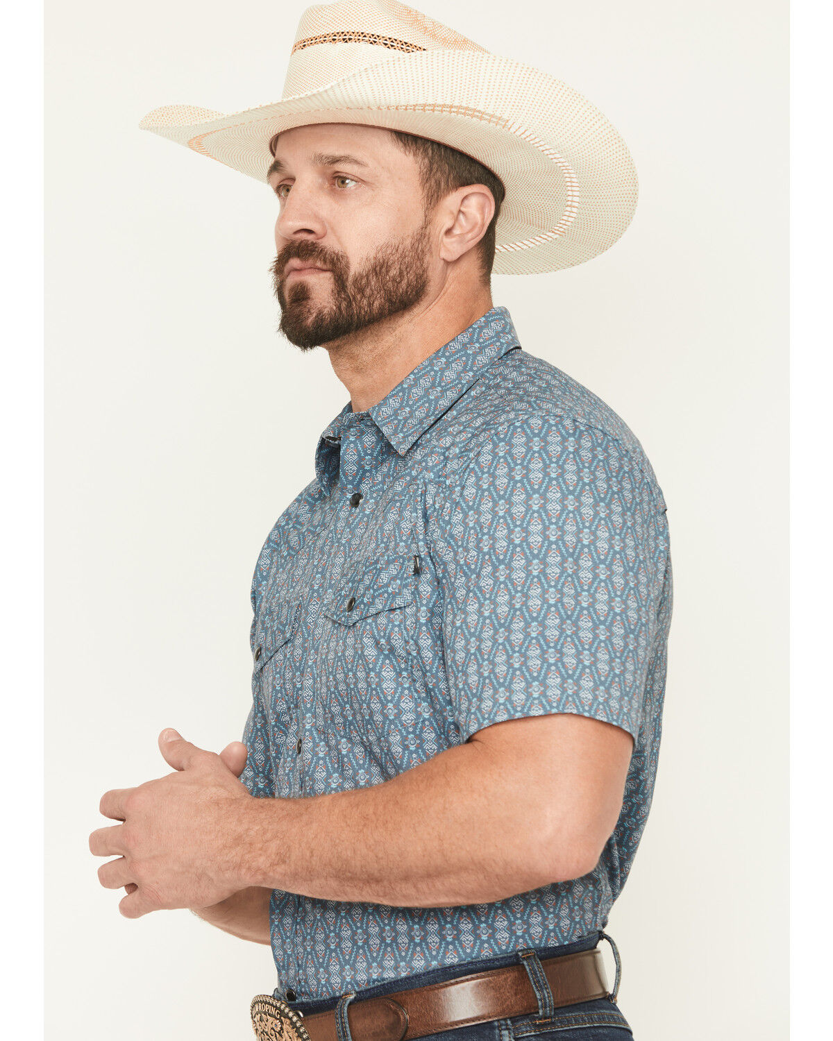 Image #2 - RANK 45® Men's River Rangers Southwestern Print Short Sleeve Snap Western Shirt, Navy, hi-res