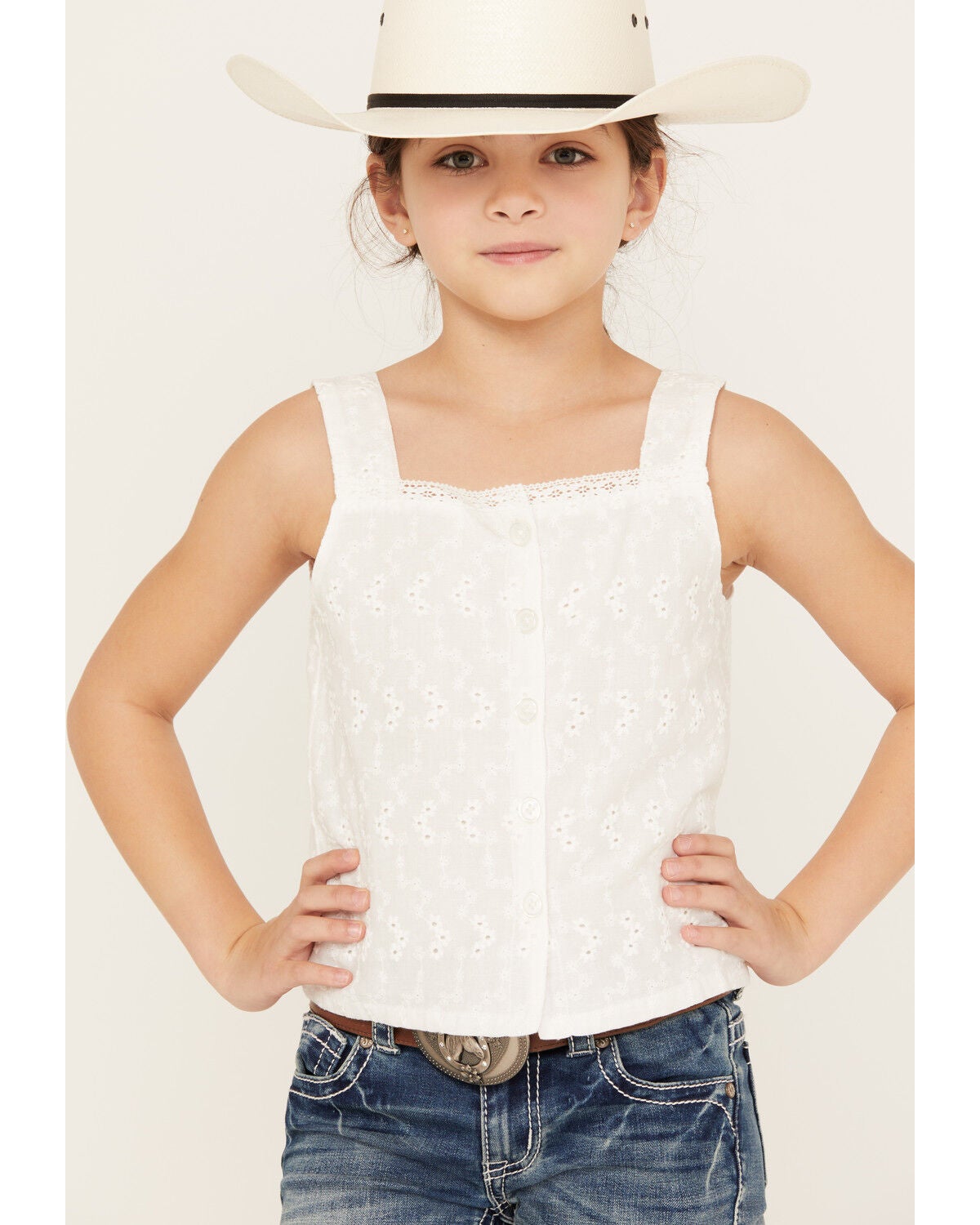 Shyanne Girls' Eyelet Button Front Tank Top, White
