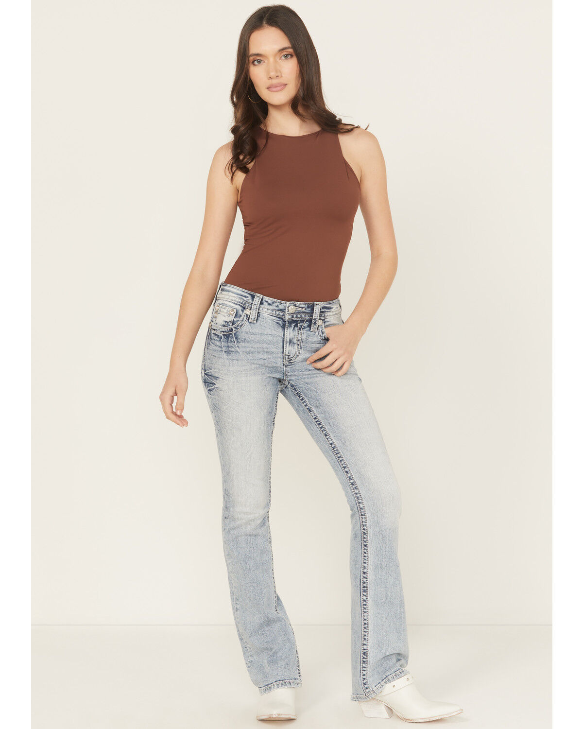 Image #3 - Miss Me Women's Medium Wash Mid Rise Americana Fleur de Lis Bootcut Stretch Denim Jeans, Medium Wash, hi-res