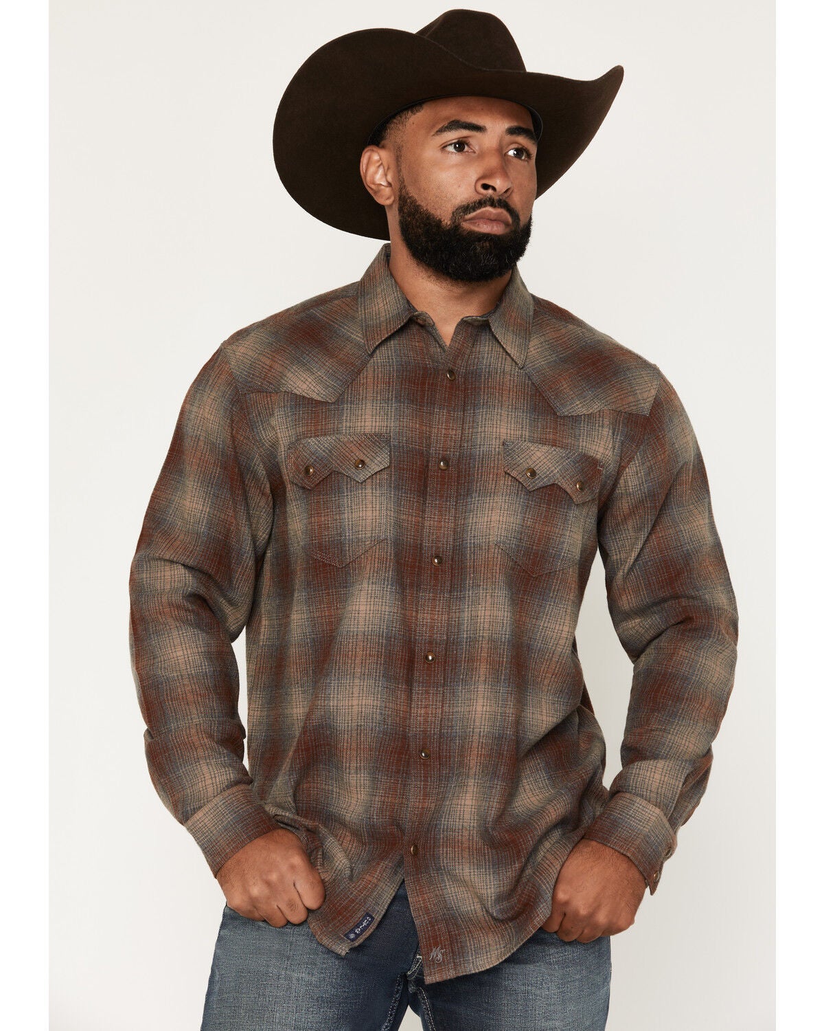 Moonshine Spirit&reg; Men's Bluff Plaid Print Long Sleeve Snap Flannel Shirt, Brown, hi-res