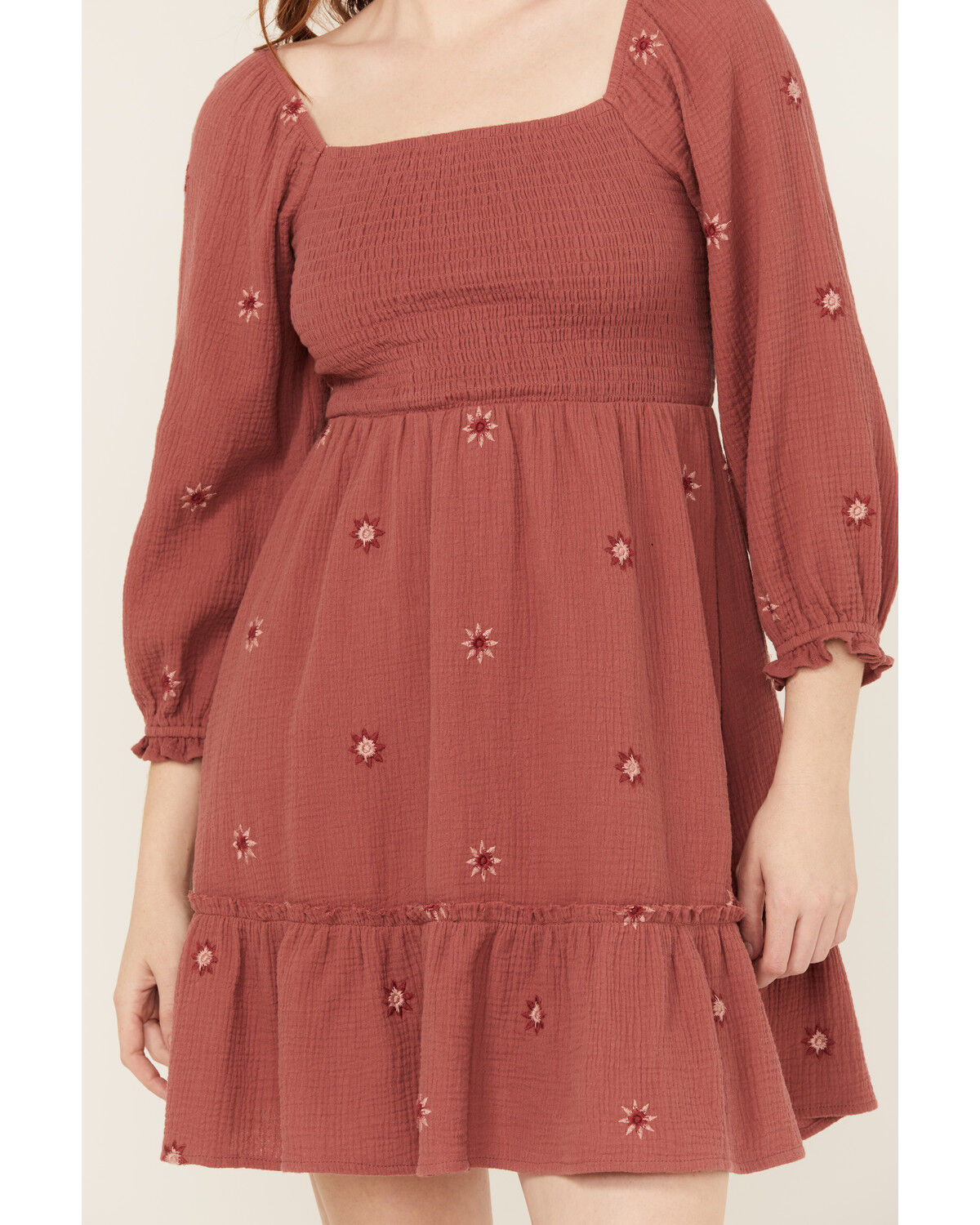 Image #3 - Jolt Women's Rouched Front Embroidered Mini Dress, Rust Copper, hi-res