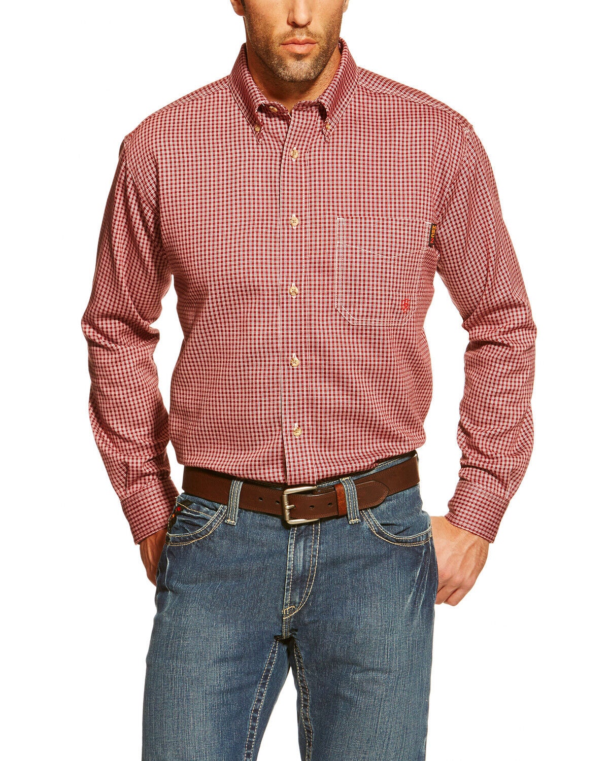 Ariat Men's FR Bell Long Sleeve Button Down Work Shirt- Big and Tall, Wine, hi-res