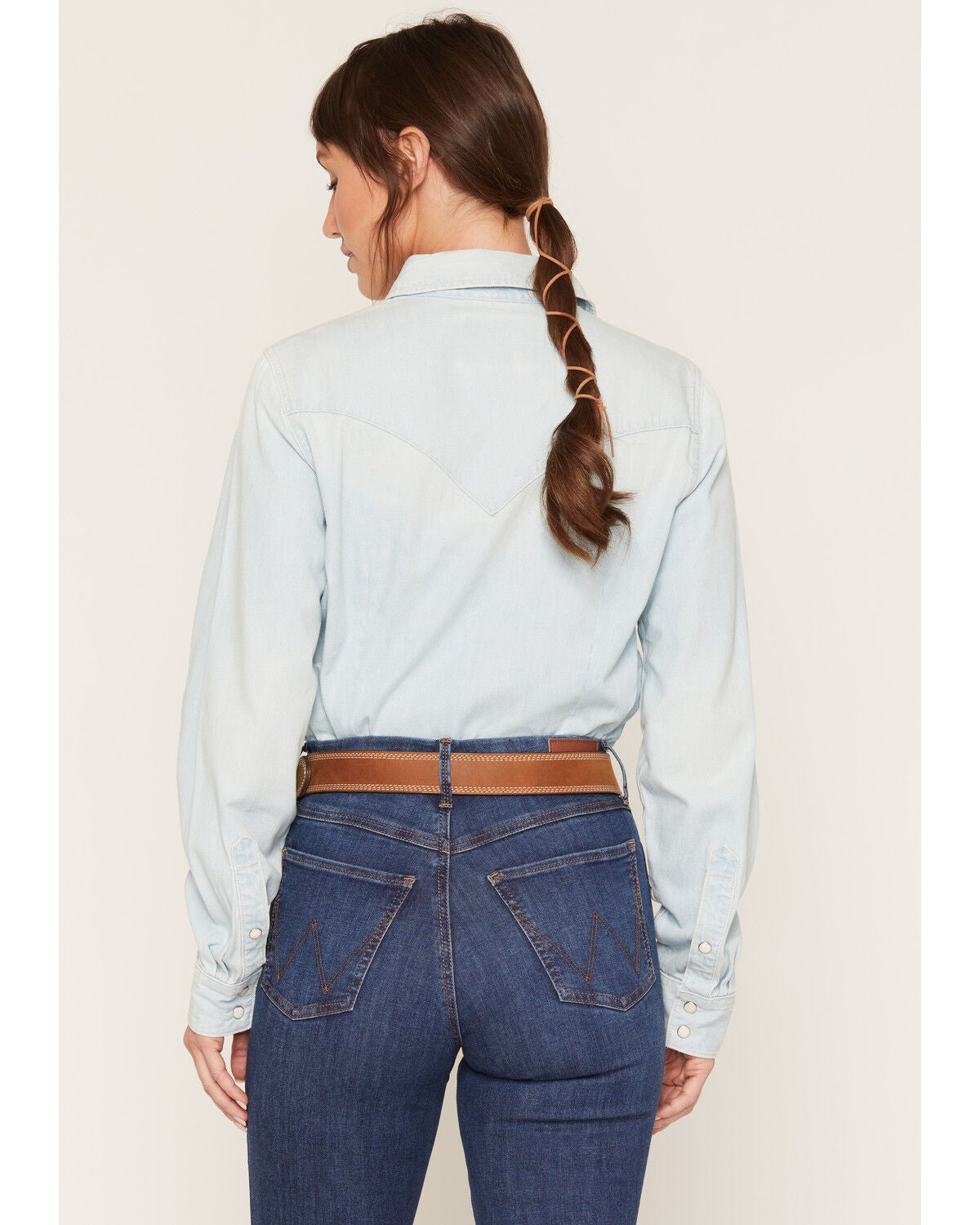 Image #4 - Wrangler Women's Light Wash Long Sleeve Snap Denim Western Shirt, Light Blue, hi-res