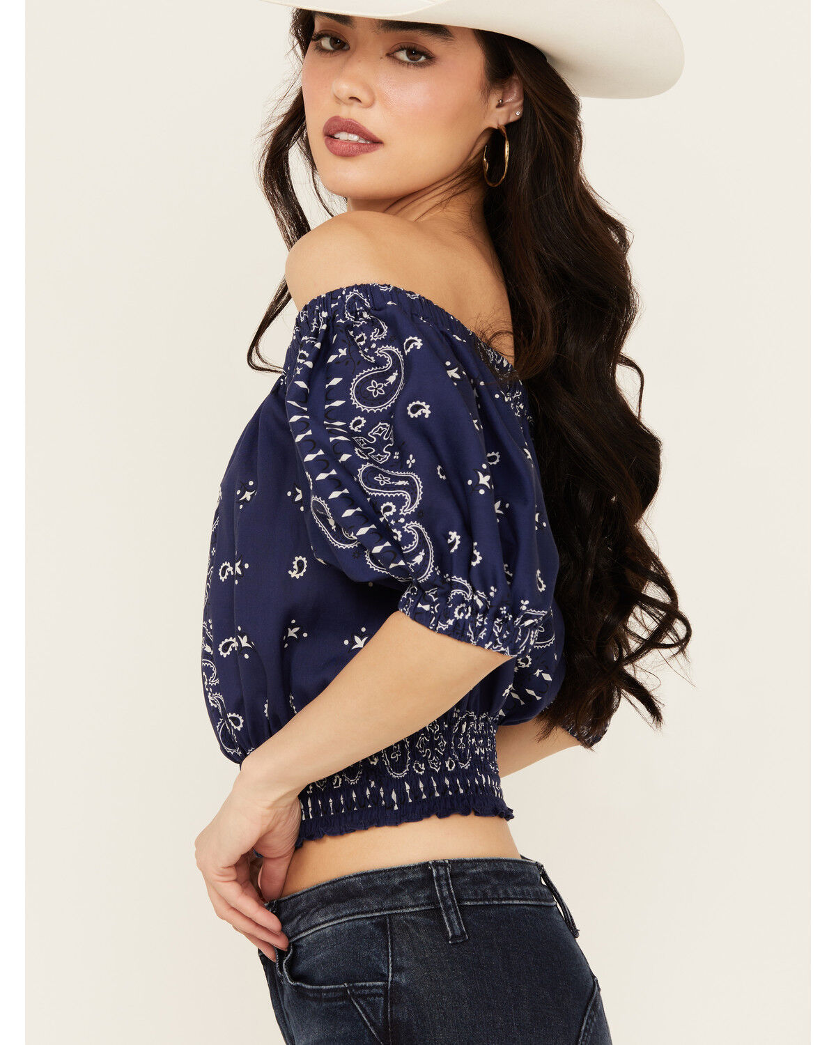 Image #2 - Beyond The Radar Women's Bandana Print Cropped Top, Navy, hi-res