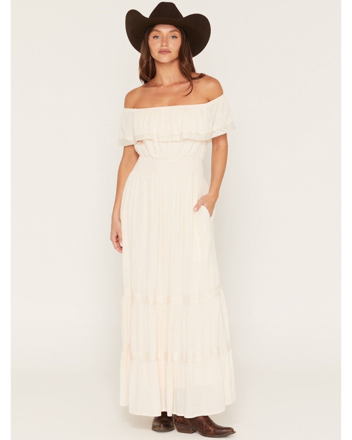Image #1 - Lovestitch Women's Lace Off The Shoulder Maxi Dress, Natural, hi-res