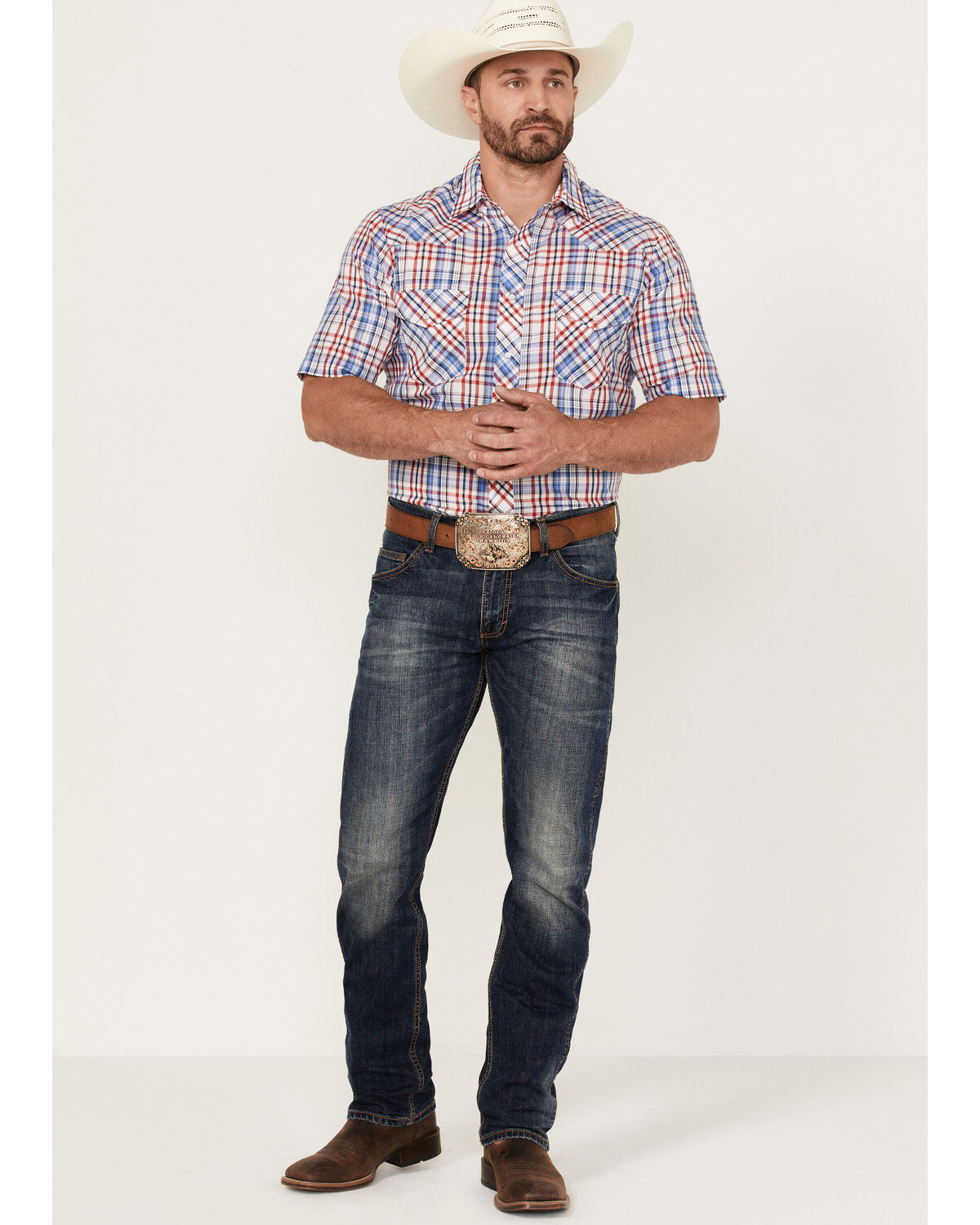Image #2 - Roper Men's Red White & Blue Large Plaid Short Sleeve Pearl Snap Western Shirt, , hi-res