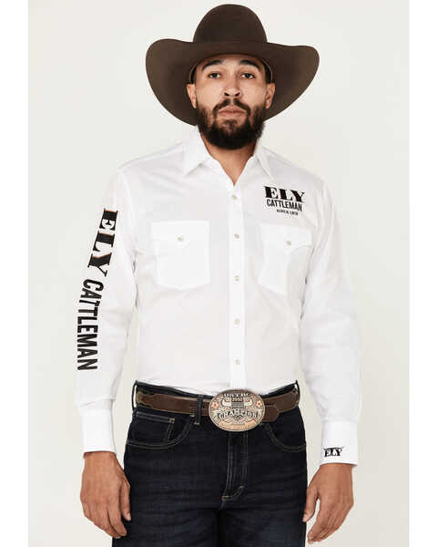Image #1 - Ely Walker Men's Logo Embroidered Long Sleeve Pearl Snap Western Shirt, White, hi-res