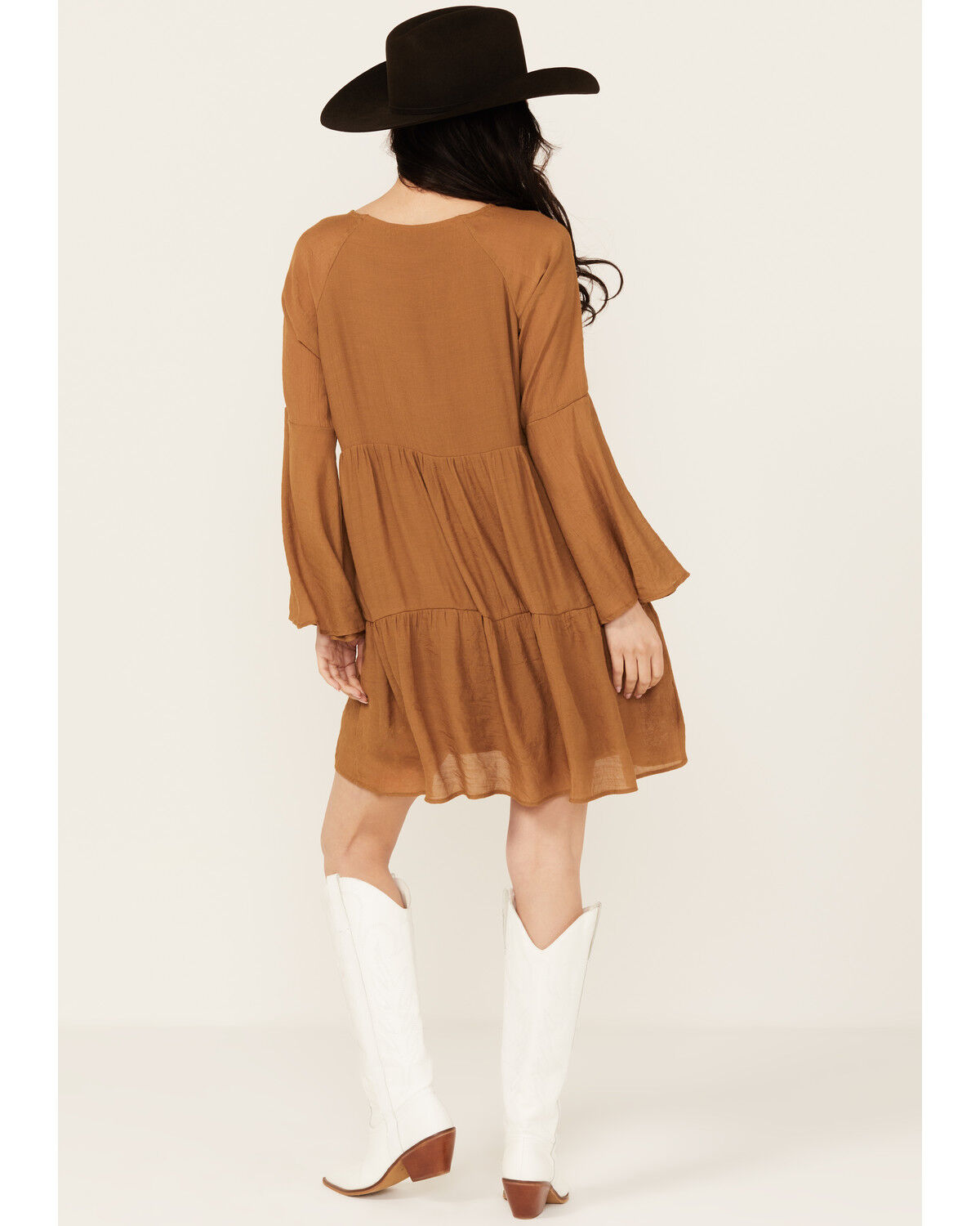 Image #4 - Wishlist Women's Lace Trim Long Sleeve Mini Dress, Cognac, hi-res
