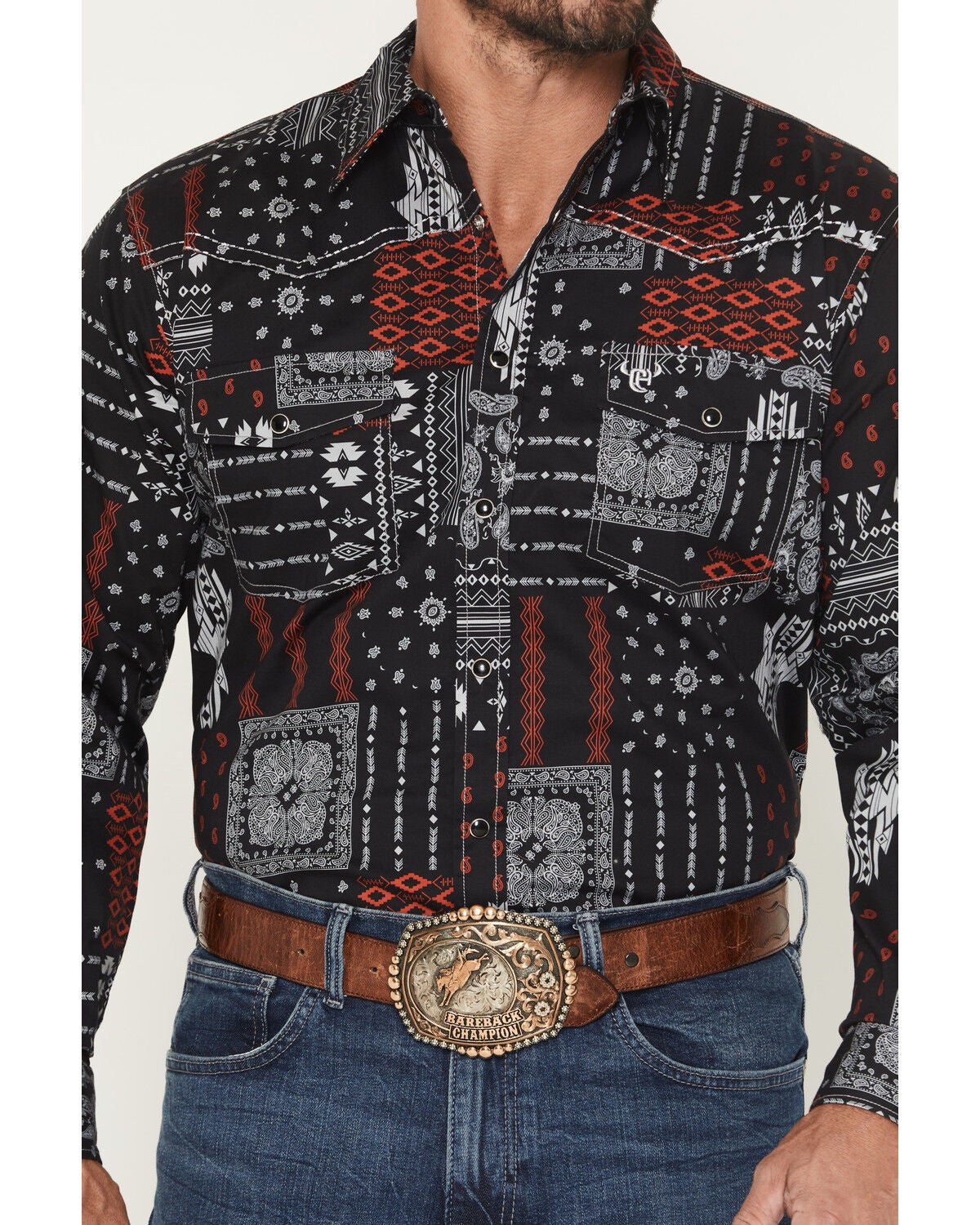 Image #3 - Cowboy Hardware Men's Southwestern Bandana Print Long Sleeve Snap Stretch Western Shirt, Black, hi-res