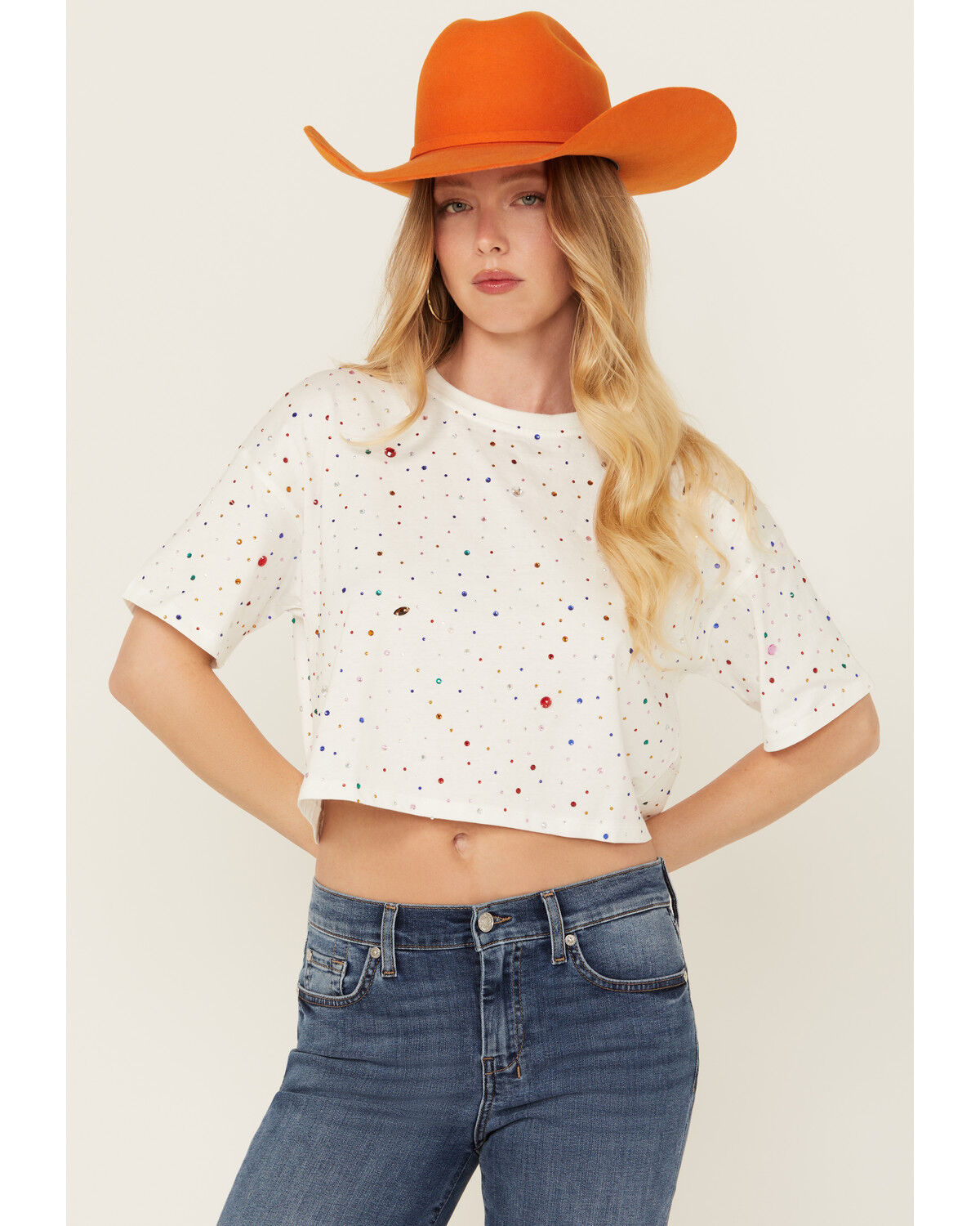 Image #1 - Blue B Women's Rhinestone Short Sleeve Cropped Tee, White, hi-res