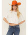 Image #1 - Blue B Women's Rhinestone Short Sleeve Cropped Tee, White, hi-res