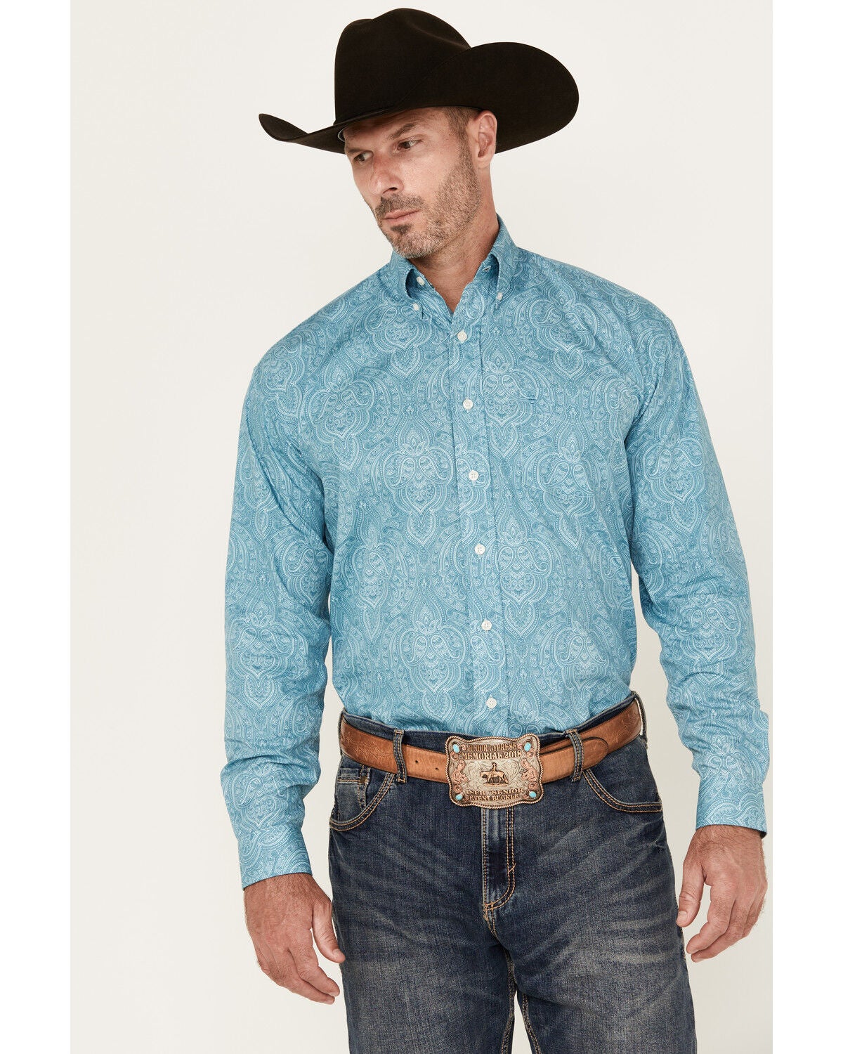 Stetson Men's Paisley Print Long Sleeve Button-Down Western Shirt, Blue, hi-res