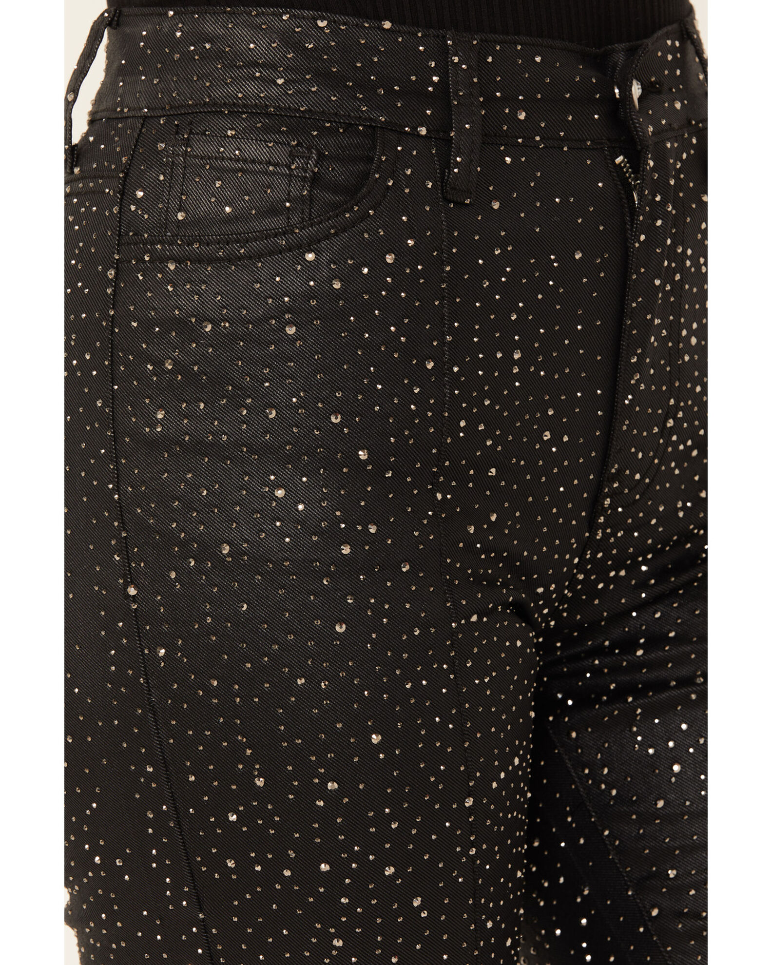Product Name: Vibrant Denim Women's Rhinestone Slit Hem Mid Rise Bootcut  Jeans