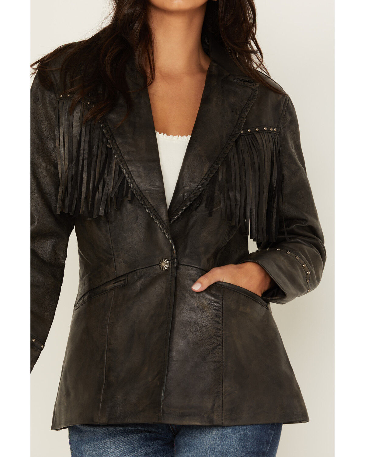 Image #3 - Cripple Creek Women's Antique Studded Fringe Lamb Nappa Snap Blazer, Black, hi-res