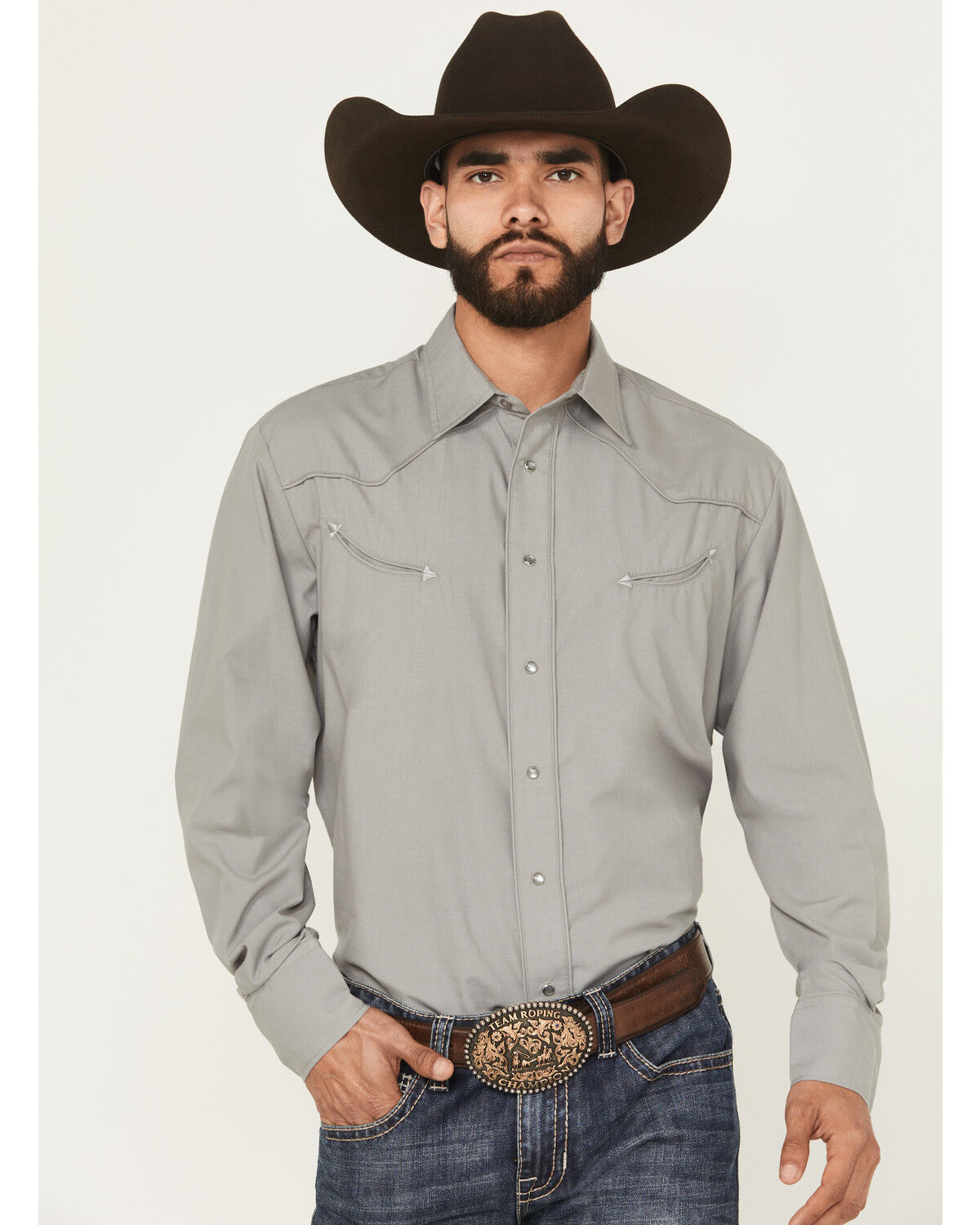 Image #1 - Roper Men's Desert Embroidered Long Sleeve Snap Stretch Western Shirt, Grey, hi-res