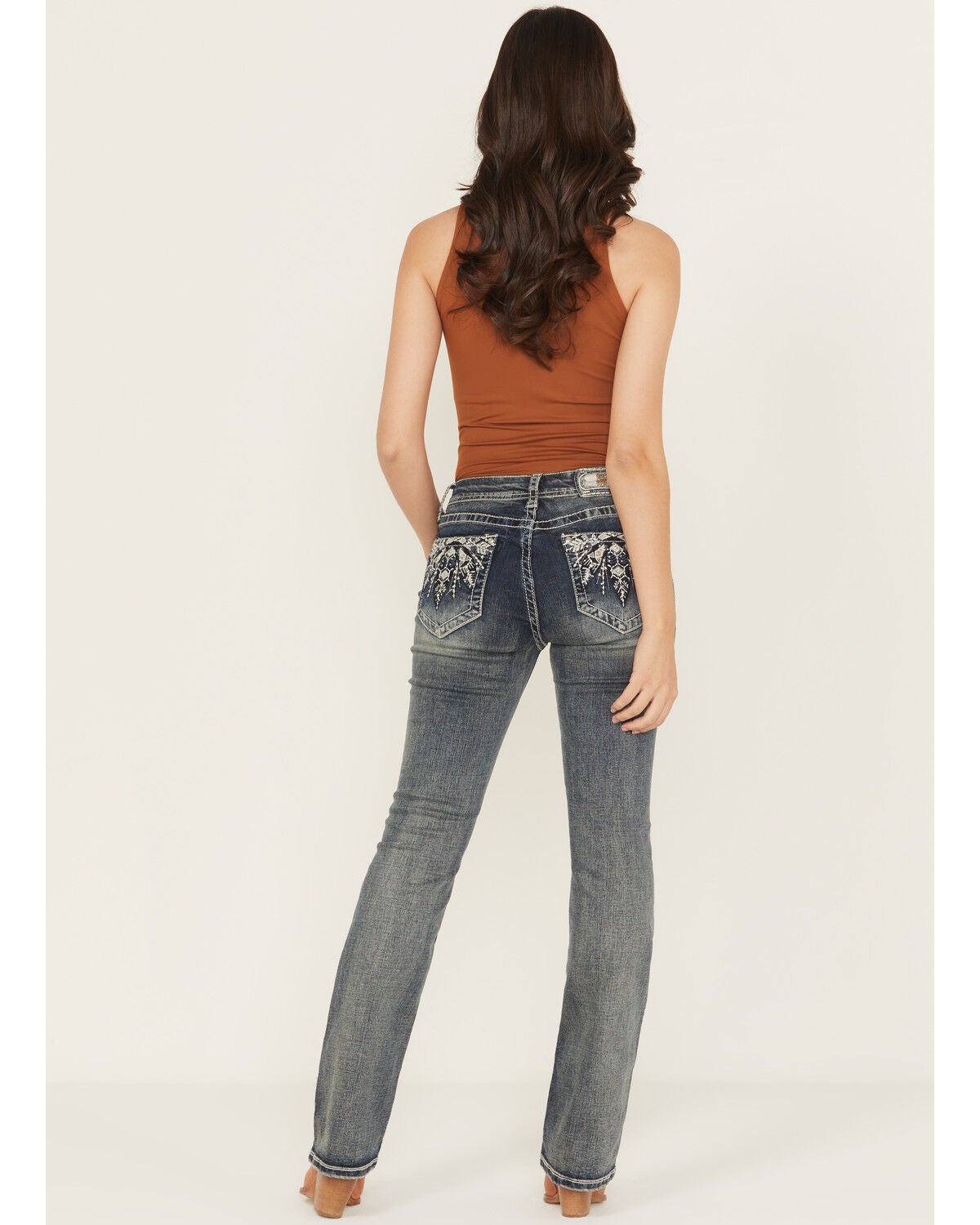 Grace in LA Women's Medium Wash Floral Embroidered Mid Rise Bootcut Stretch Denim Jeans, Medium Wash, hi-res