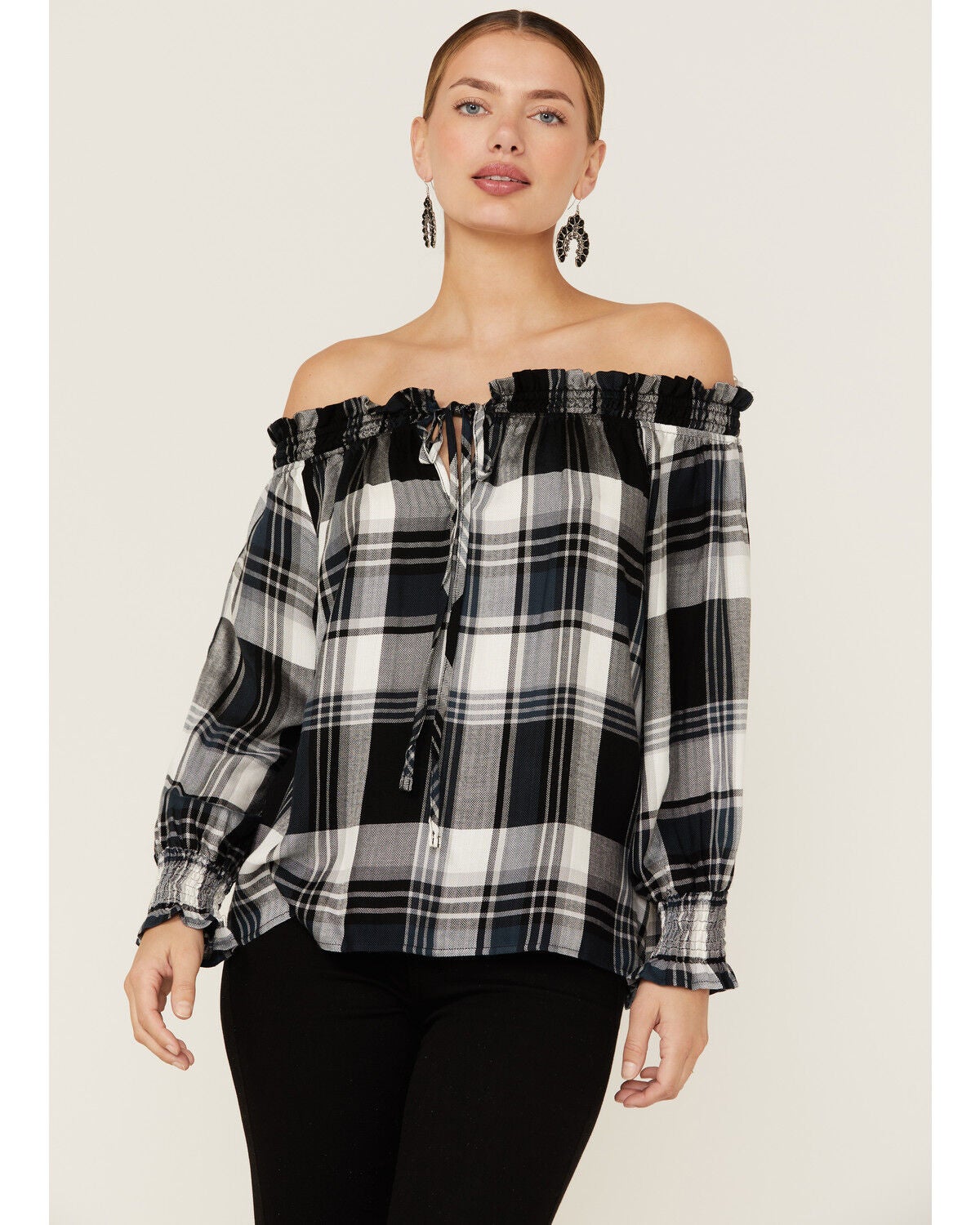 Wild Moss Women's Plaid Navy Off The Shoulder Top, Black, hi-res