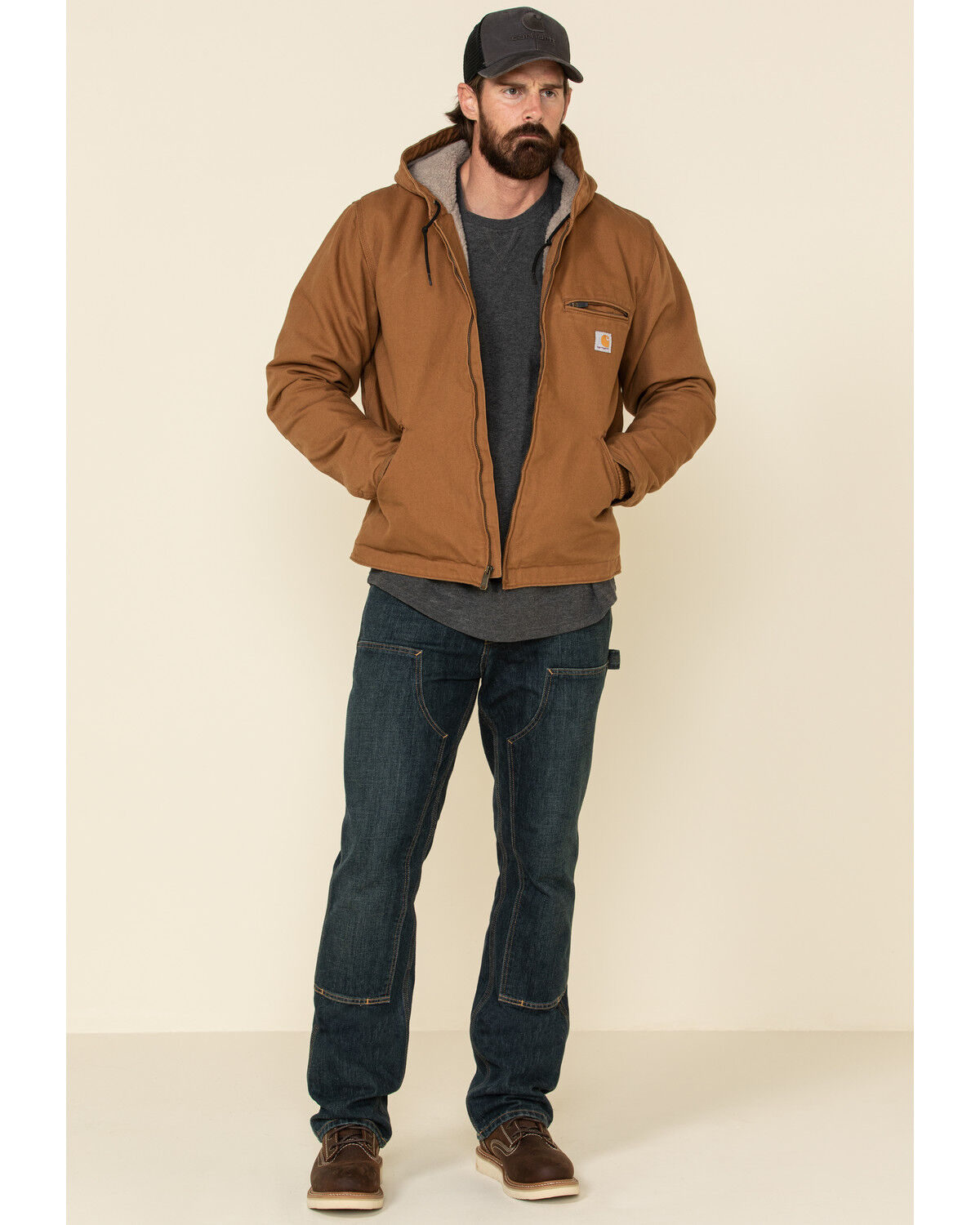 Image #2 - Carhartt Men's Washed Duck Sherpa Lined Hooded Work Jacket, Brown, hi-res