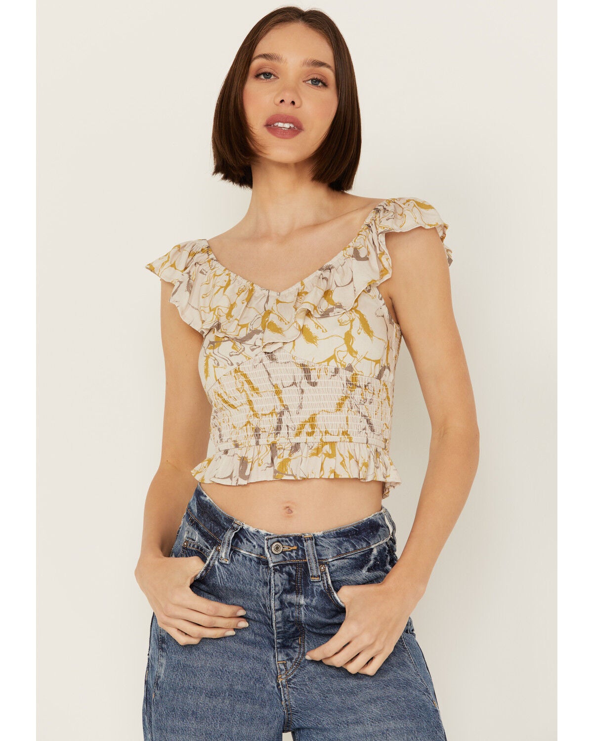 Rock & Roll Denim Women's Sleeveless Horse Print Tank, Natural, hi-res